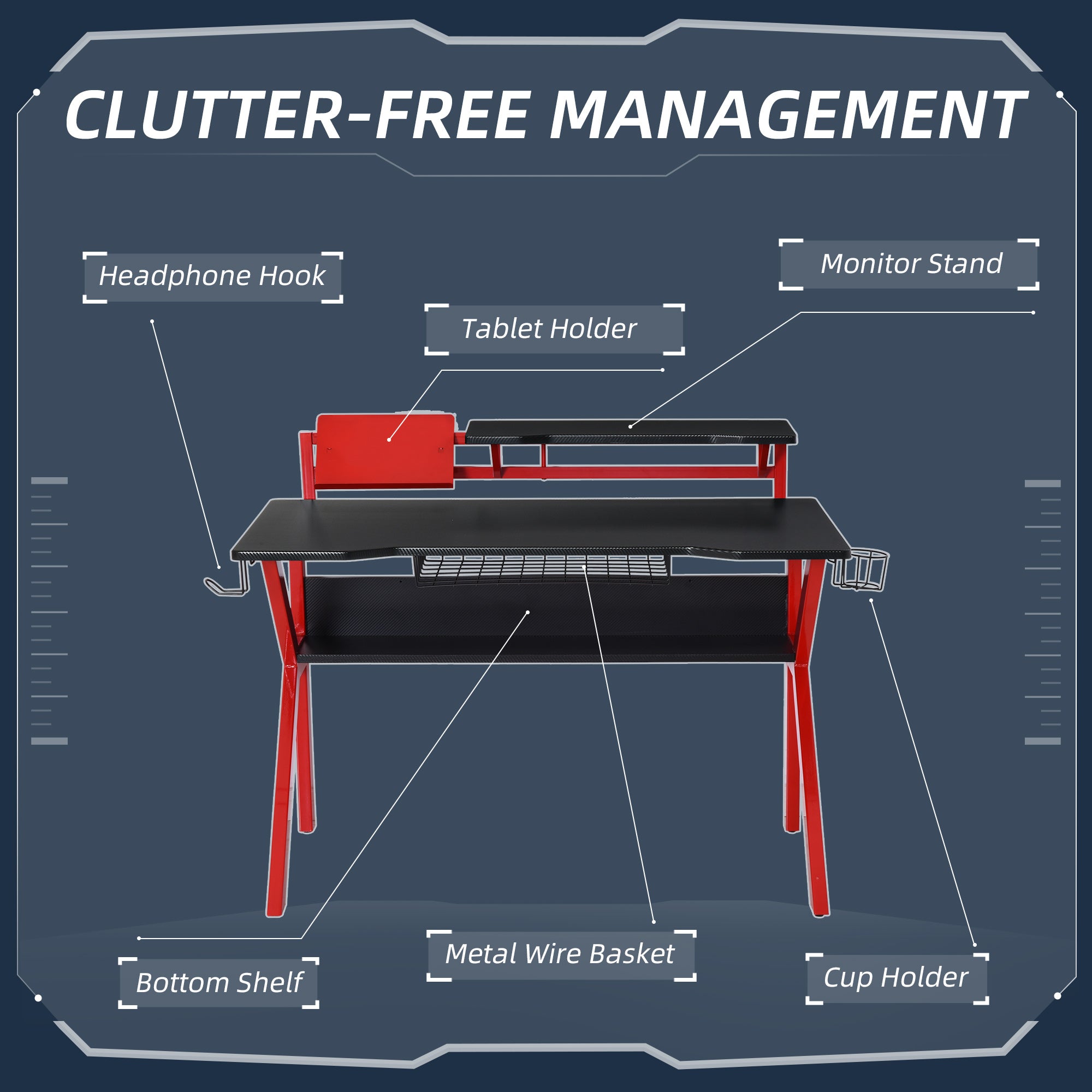 HOMCOM Gaming Desk, Computer Table with Monitor Stand, Cup Holder, Headphone Hook, Wire Basket and Metal Frame, 120cm, Red - anydaydirect