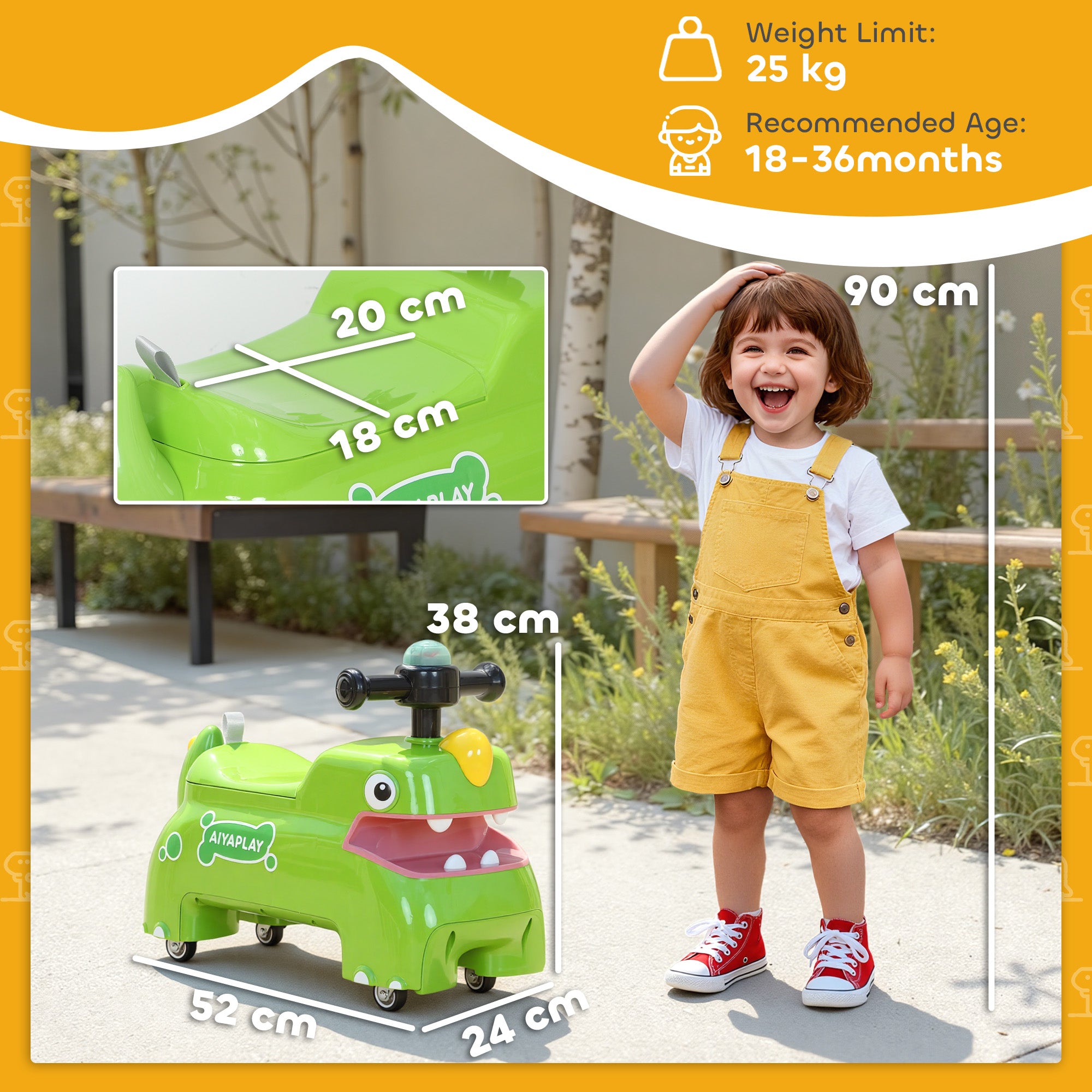 AIYAPLAY Kids Ride On Car, Dinosaur Foot to Floor Slider with Storage, Toddler Walker with Light, Sounds, Green - anydaydirect