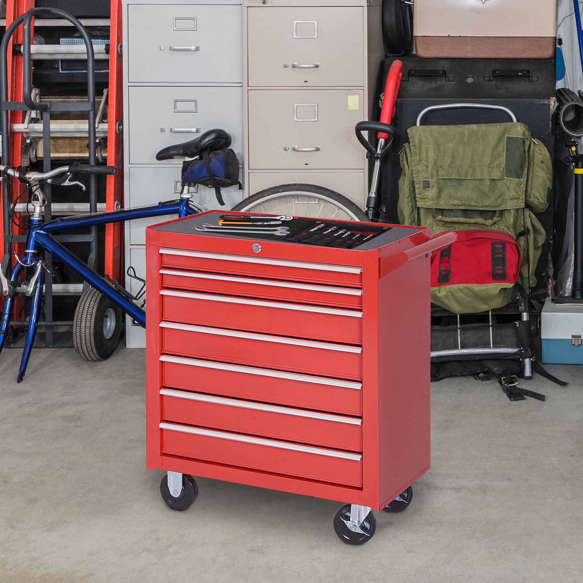 DURHAND 7-Drawer Rolling Tool Chest on Wheels, Lockable Tool Cabinet with Side Handle, Metal Tool Box Trolley for Garage, Workshop, Red - anydaydirect