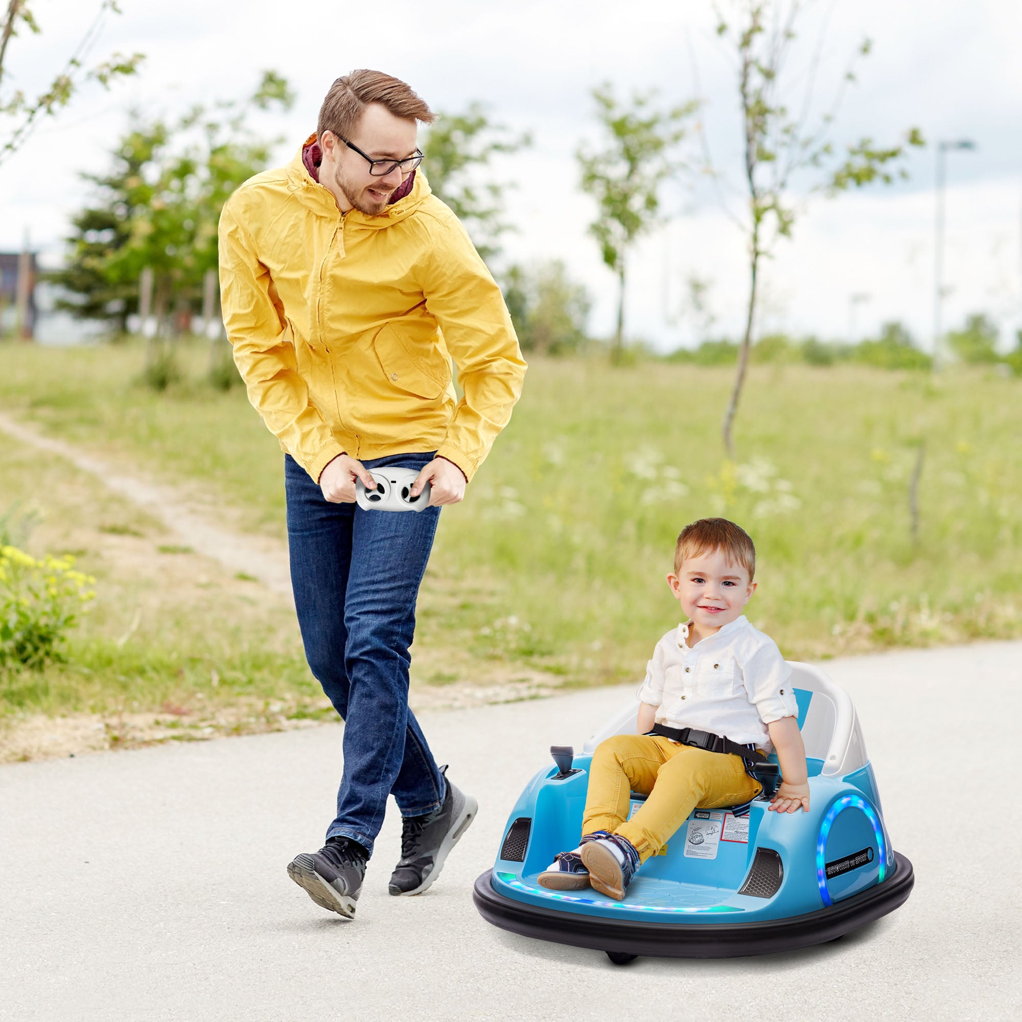 AIYAPLAY 360° Rotation Kids Bumper Car, 12V Waltzer Car with Remote Control, Dual Joysticks, Music Lights - Light Blue - anydaydirect