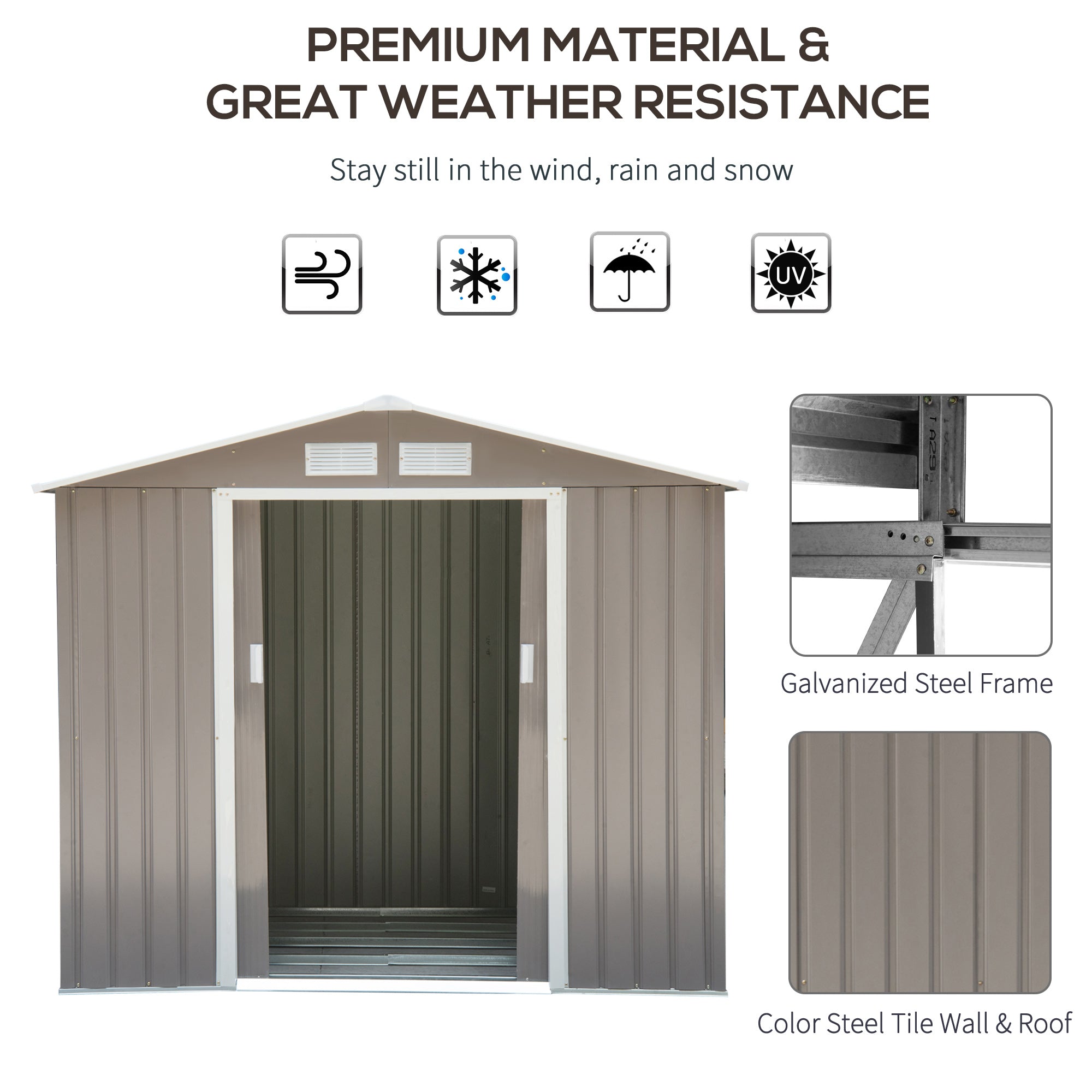 Outsunny 7ft x 4ft Lockable Garden Metal Storage Shed Storage Roofed Tool Metal Shed w/ Air Vents Steel Grey - anydaydirect
