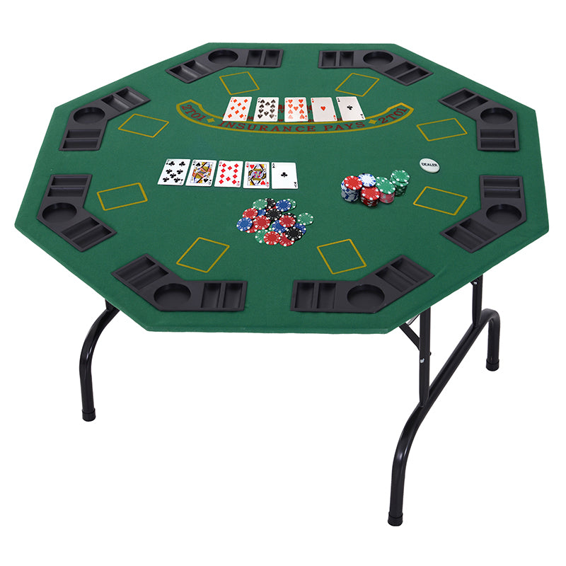HOMCOM 8 Player Folding Games Poker Table with Chip Cup Holder Steel Base Felt Top Octagon Blackjack Green - anydaydirect