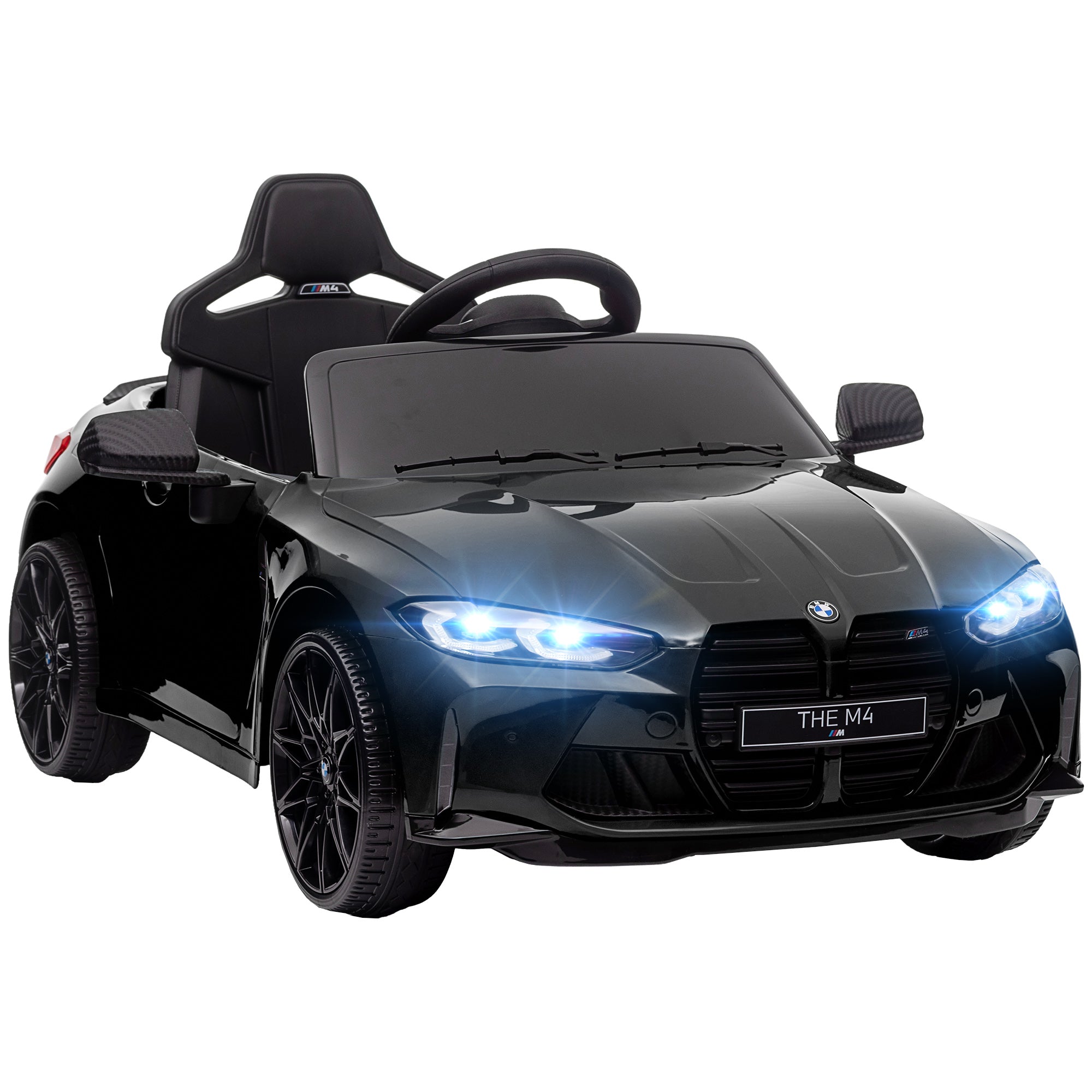 AIYAPLAY 12V BMW M4 Licensed Kids Car with Easy Transport, Remote Control, Suspension, Music, Horn, LED Lights - Black - anydaydirect