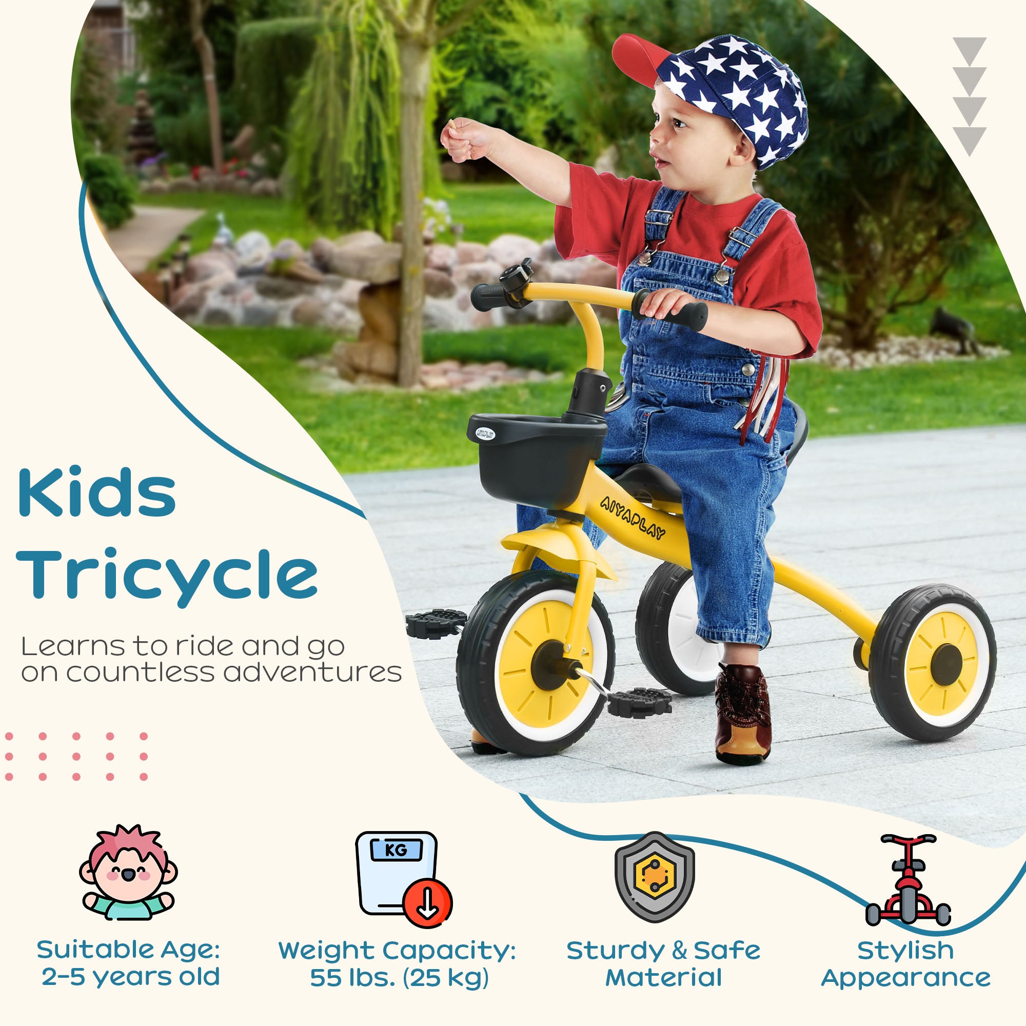 AIYAPLAY Toddler Trike: Adjustable Seat, Storage Basket & Bell, Durable Tricycle for 2-5 Years, Sunny Yellow - anydaydirect