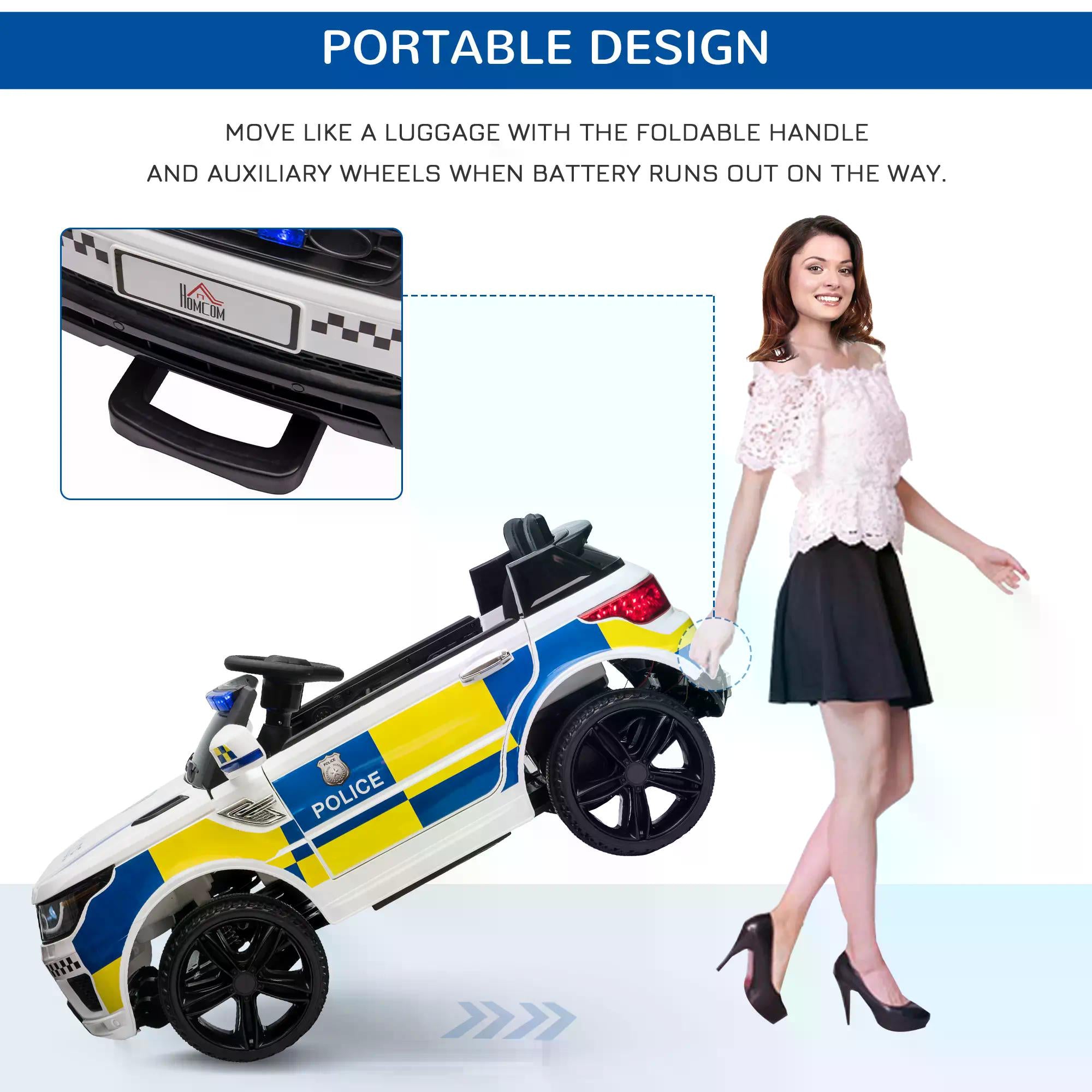 HOMCOM 12V Kids Portable Electric Ride On Police Car with Parental Remote Control Siren Flashing Lights USB Bluetooth for 3-6 Years White - anydaydirect