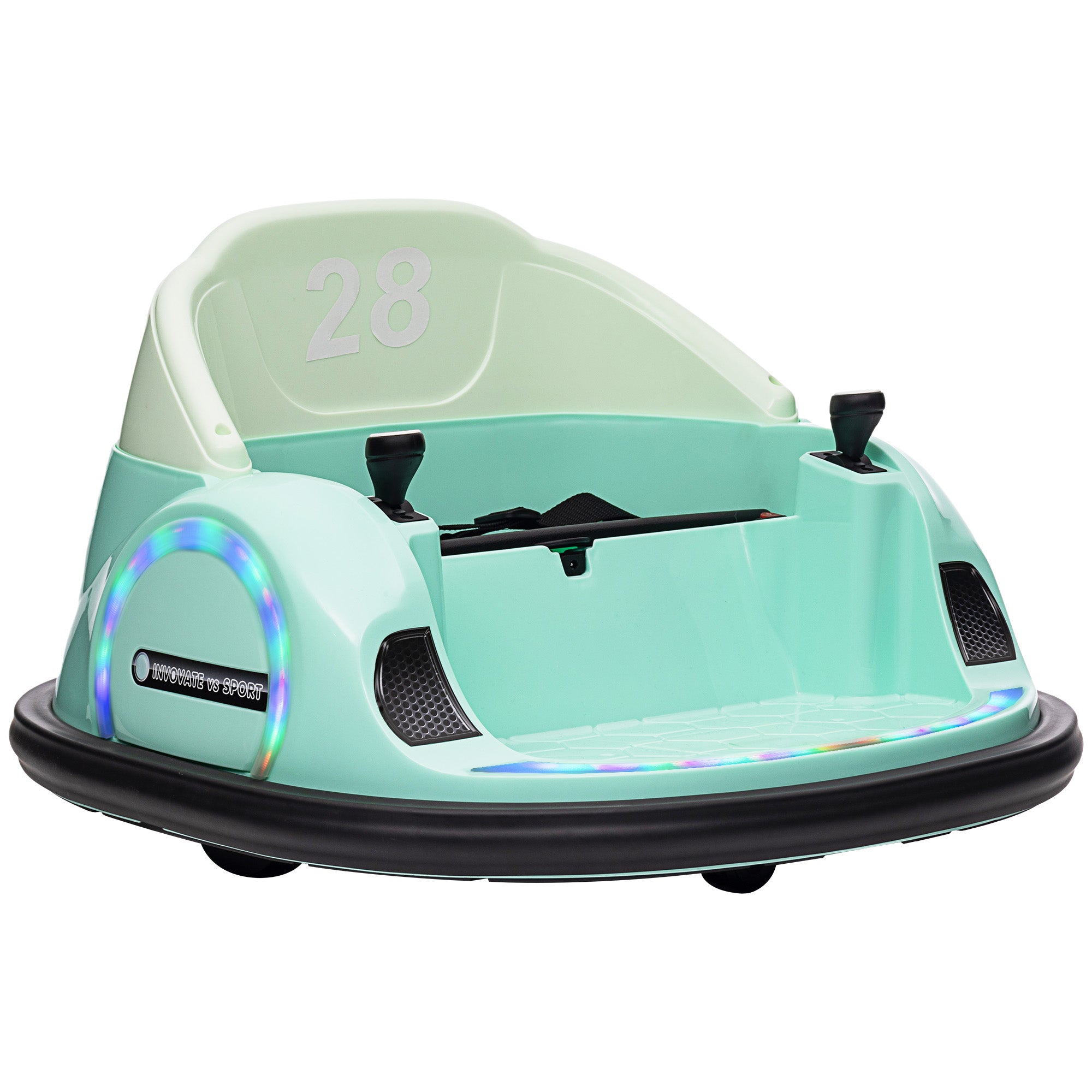 AIYAPLAY 360° Rotation Kids Bumper Car, 12V Waltzer Car with Remote Control, Dual Joysticks, Music Lights - Green - anydaydirect