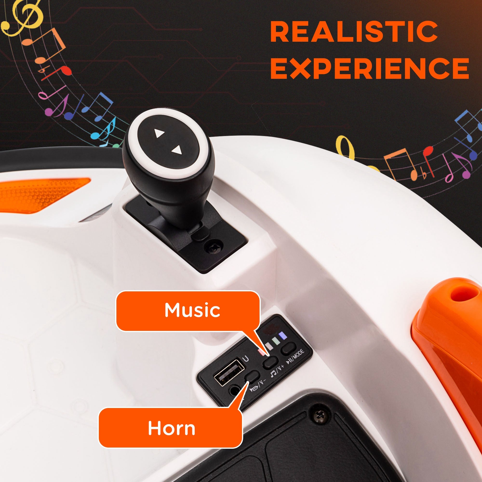 AIYAPLAY 360° Rotation Kids Bumper Car, 12V Waltzer Car with Remote Control, Dual Joysticks, Music Lights - Orange - anydaydirect