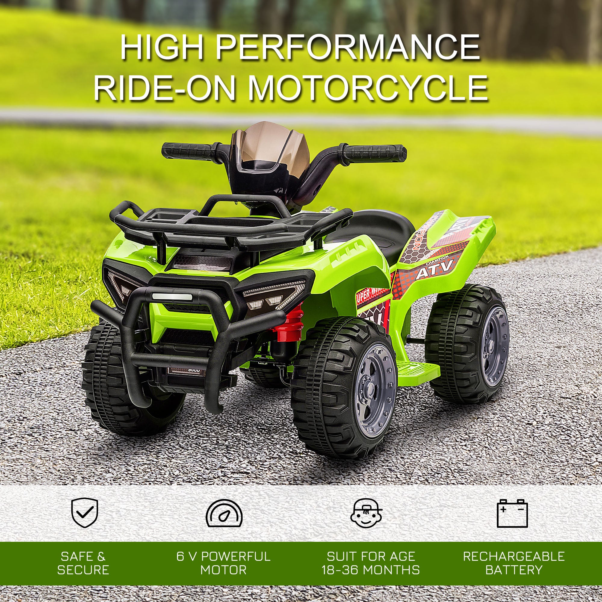 HOMCOM Kids Ride-on Four Wheeler ATV Car with Real Working Headlights, 6V Battery Powered Motorcycle for 18-36 Months, Green - anydaydirect