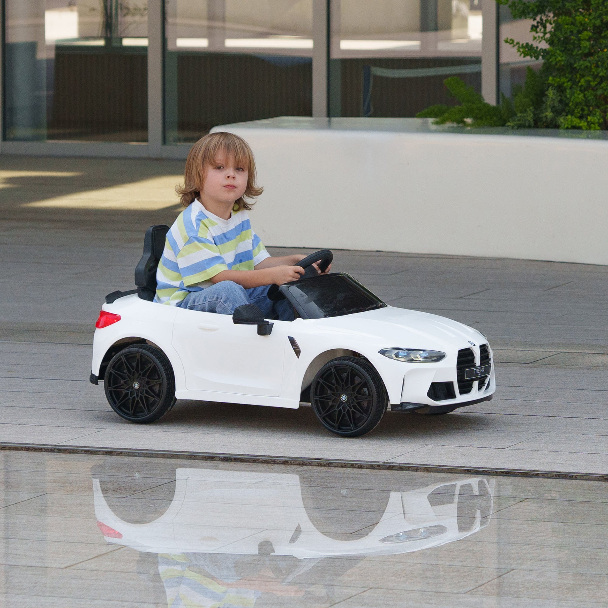 AIYAPLAY 12V BMW M4 Licensed Kids Car with Easy Transport, Remote Control, Suspension, Music, Horn, LED Lights - White - anydaydirect