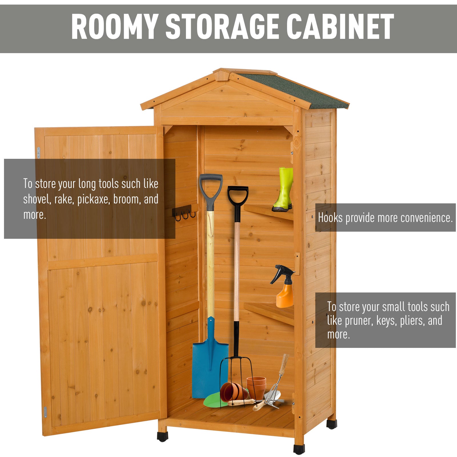 Outsunny Wooden Garden Cabinet 3-Tier Storage Shed 2 Shelves Lockable Organizer with Hooks Foot Pad 74 x 55 x 155cm Dark Yellow - anydaydirect
