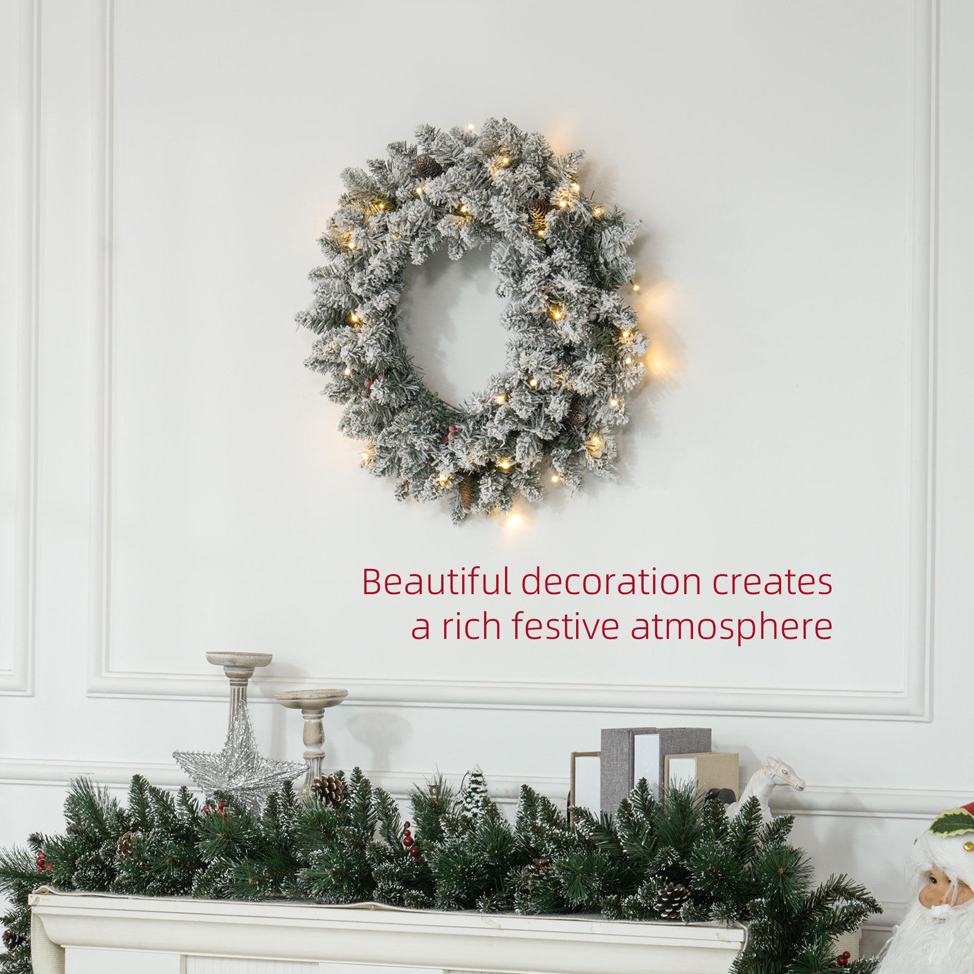 HOMCOM 60cm Pre-Lit Christmas Wreath for Front Door with LED Lights, Pine Cones and Red Berries, Flocked Winter Wreath for Windows, Wall Decoration, Green - anydaydirect