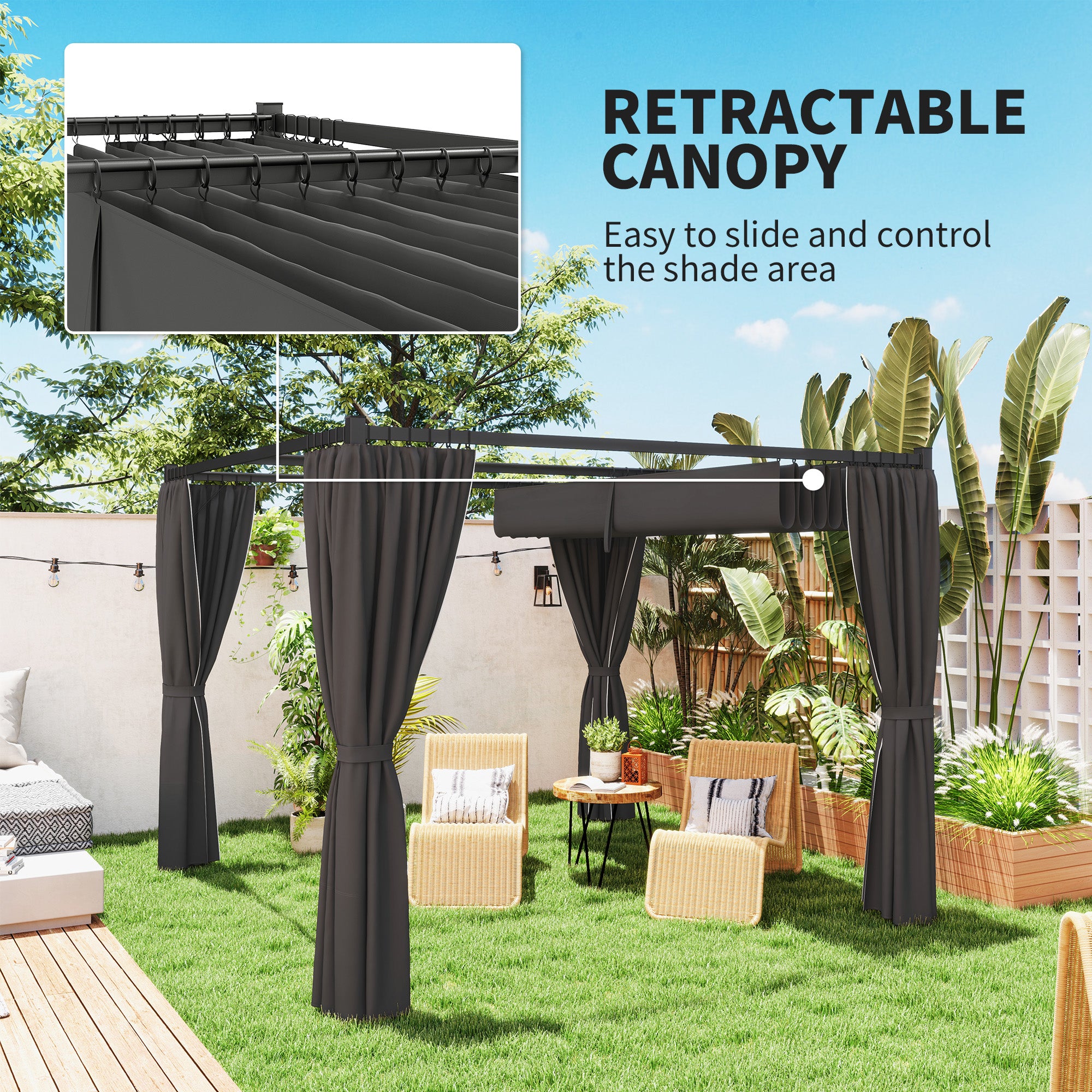 Outsunny 3 x 3(m) Retractable Pergola, Garden Gazebo Shelter with Curtains, for Grill, Patio, Deck, Charcoal Grey - anydaydirect