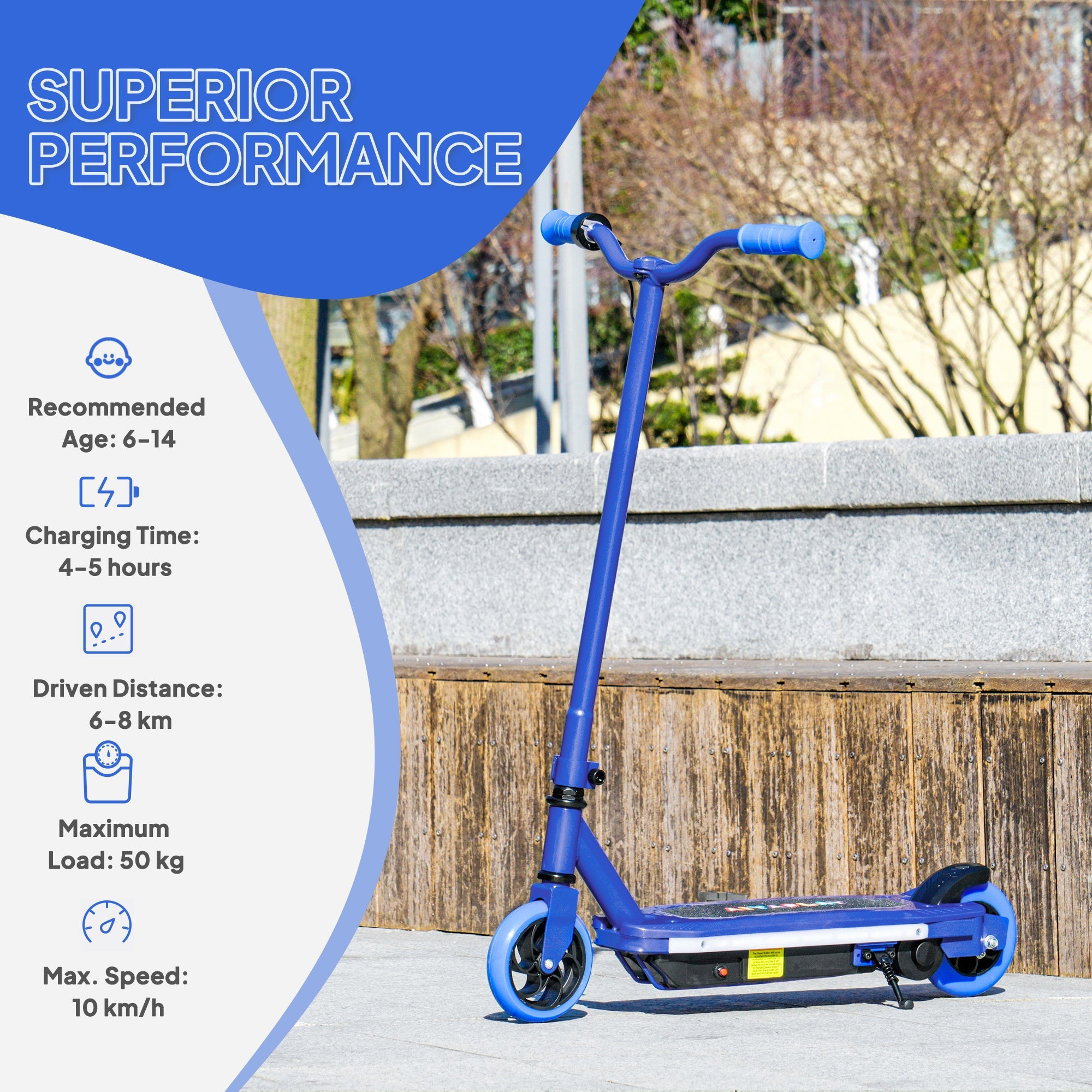 AIYAPLAY Electric Scooter for Ages 6-14, with Colourful Light and Electric Brake, Electric Scooter E Scooter, Up to 10 KM/H & 8 KM, Blue - anydaydirect