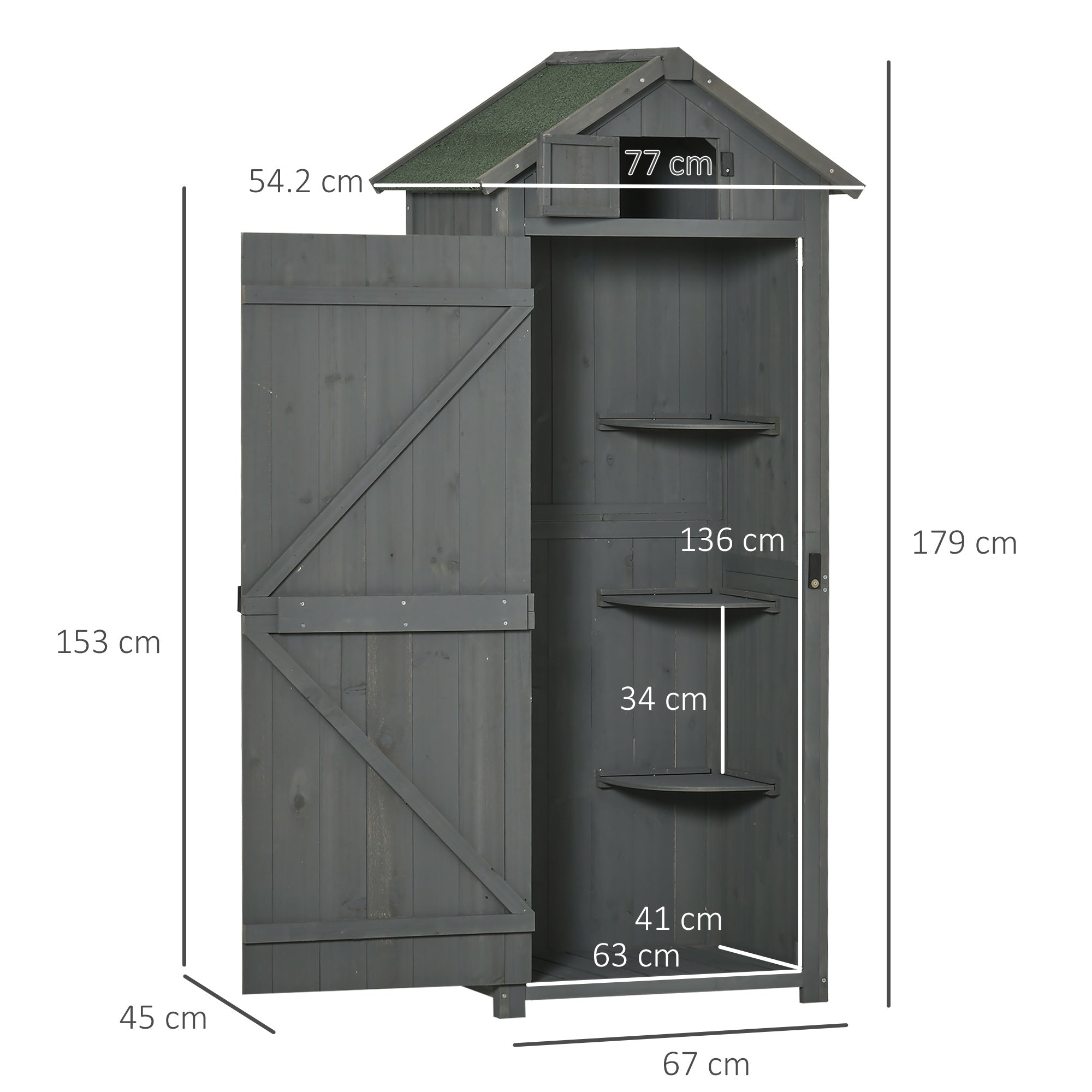 Outsunny Garden Shed Vertical Utility 3 Shelves Shed Wood Outdoor Garden Tool Storage Unit Storage Cabinet, 77 x 54.2 x 179cm - Grey - anydaydirect