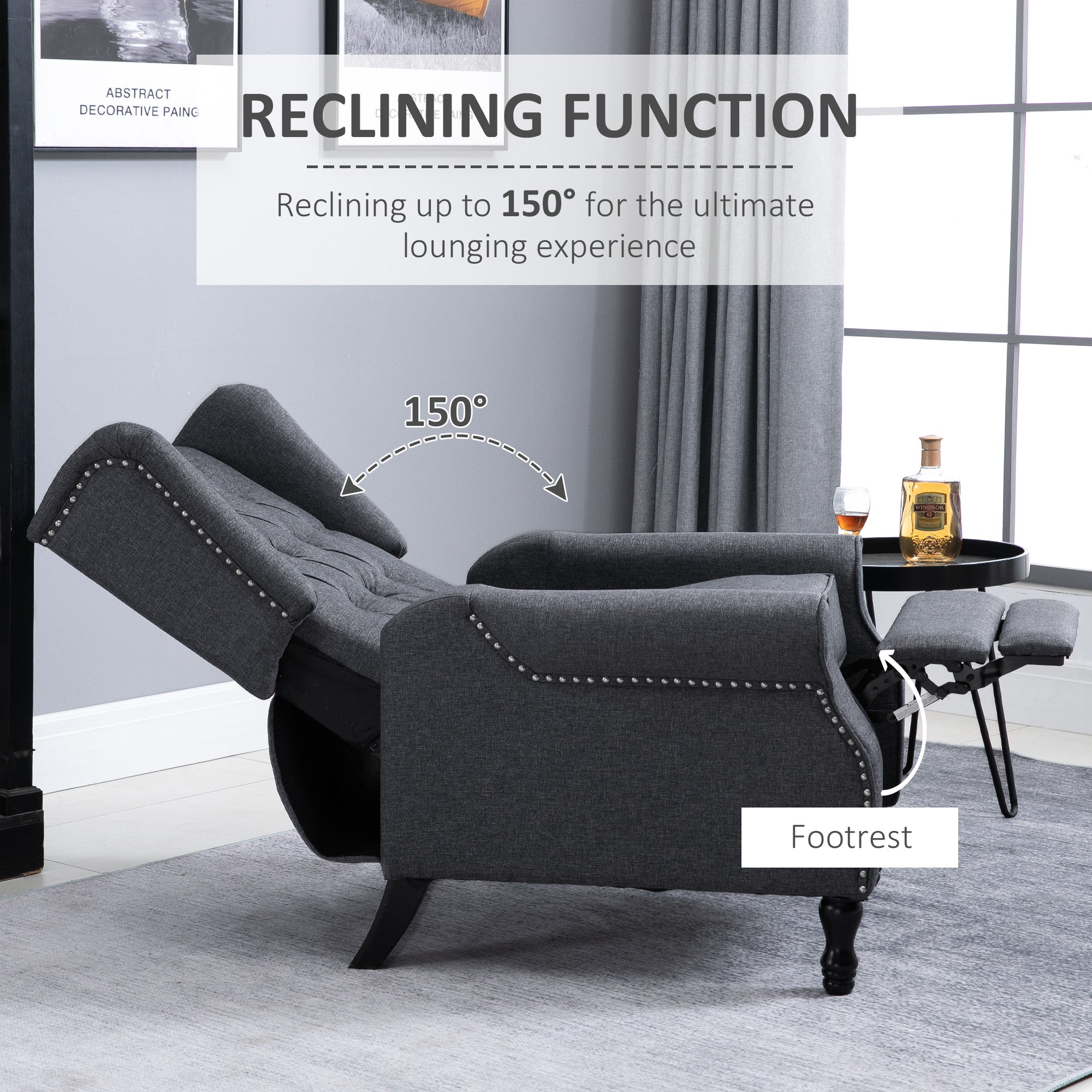 HOMCOM Recliner Armchair, Vintage Reclining Chair with Nail Head Trim, Wingback Chair with Button Tufted Back and Footrest, for Living Room, Dark Grey - anydaydirect