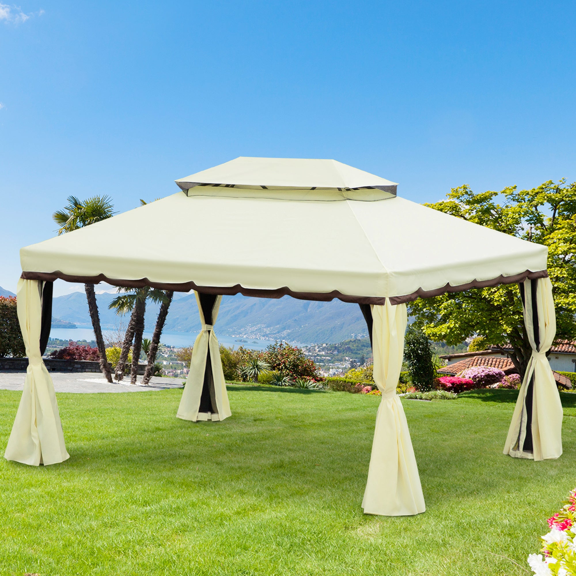 Outsunny 4 x 3 m Aluminum Garden Gazebo, Double Roof Outdoor Gazebo Canopy Shelter with Netting & Curtains for Garden, Lawn, Backyard and Deck, Cream - anydaydirect