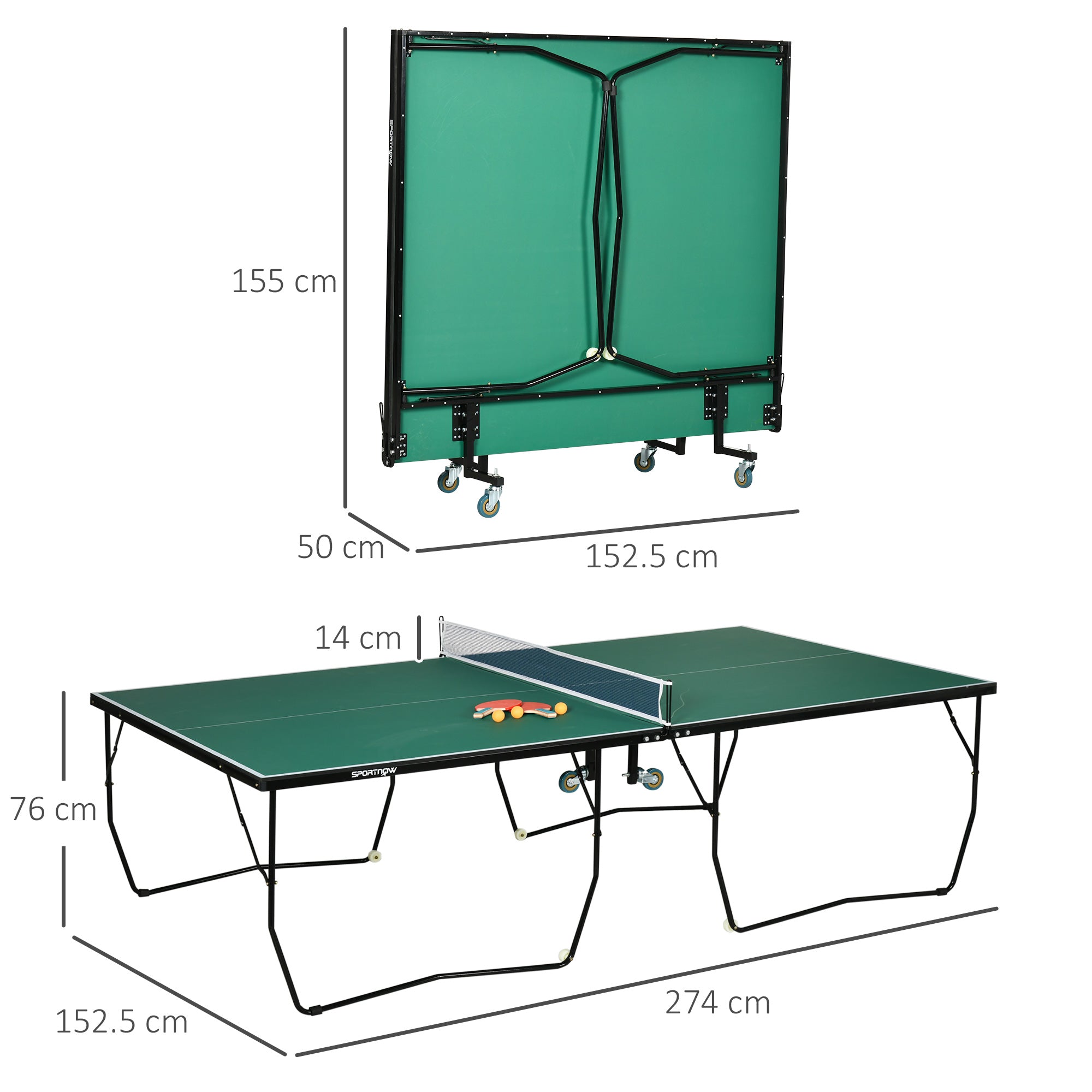 SPORTNOW 9FT Folding Tennis Table, with 8 Wheels, for Indoor Use, Green - anydaydirect