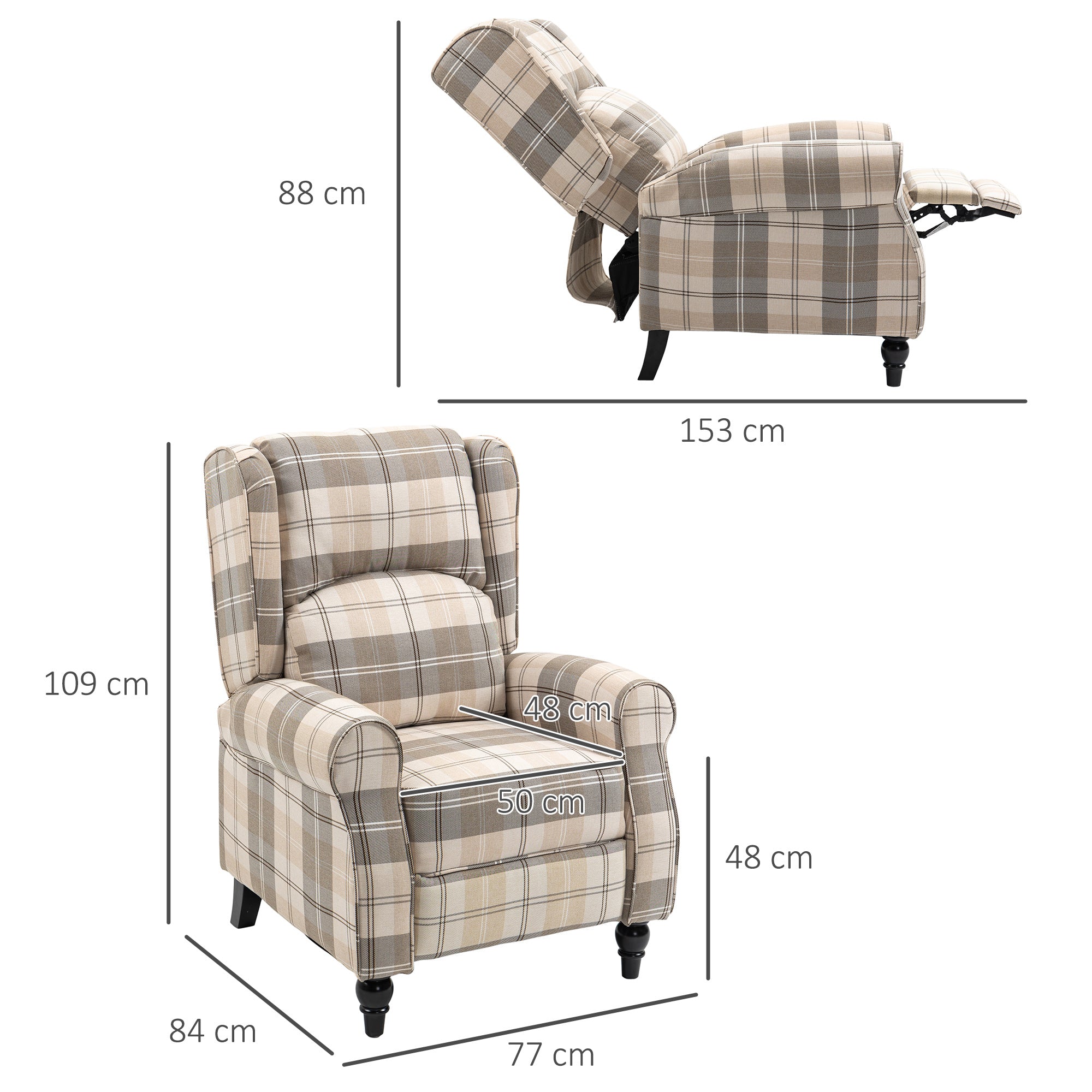 HOMCOM Wingback Recliner Armchair for Living Room, Pushback Reclining Chair with Round Armrests, Footrest and Rubber Wood Legs, Khaki - anydaydirect