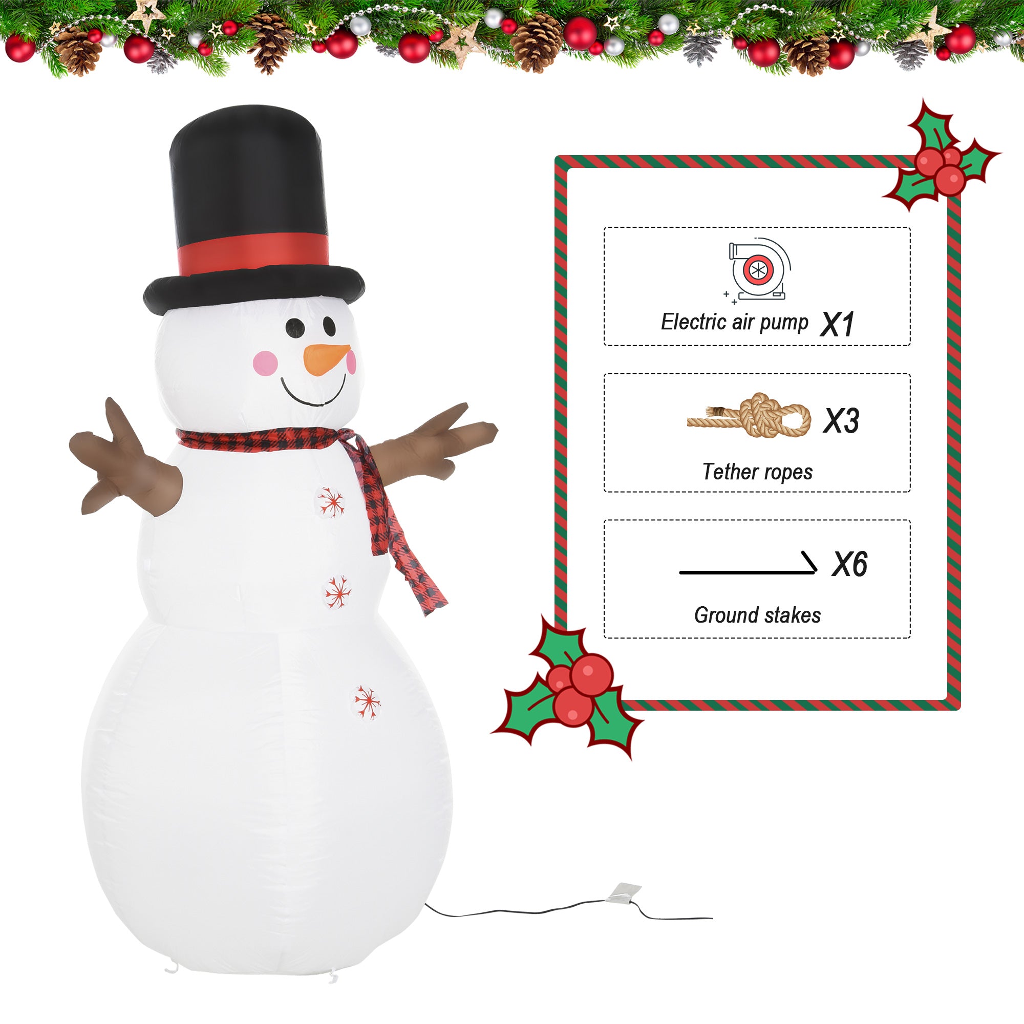 HOMCOM 6ft/1.82m Tall Giant Outdoor Indoor Inflatable Snowman Christmas Decoration for Lawn with Hat Scarf LED Lights - anydaydirect