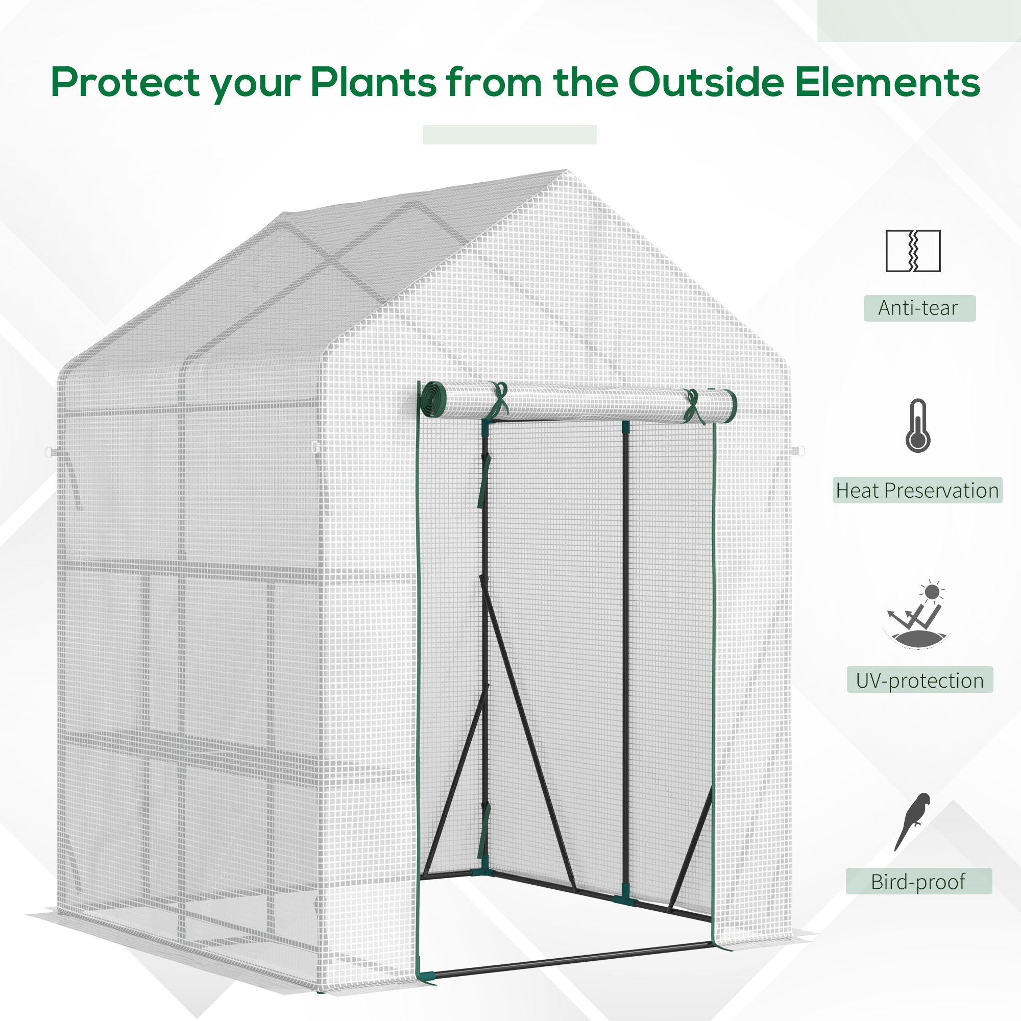 Outsunny Greenhouse for Outdoor, Portable Gardening Plant Grow House with 2 Tier Shelf, Roll-Up Zippered Door, PE Cover, 143 x 143 x 195cm, Green - anydaydirect