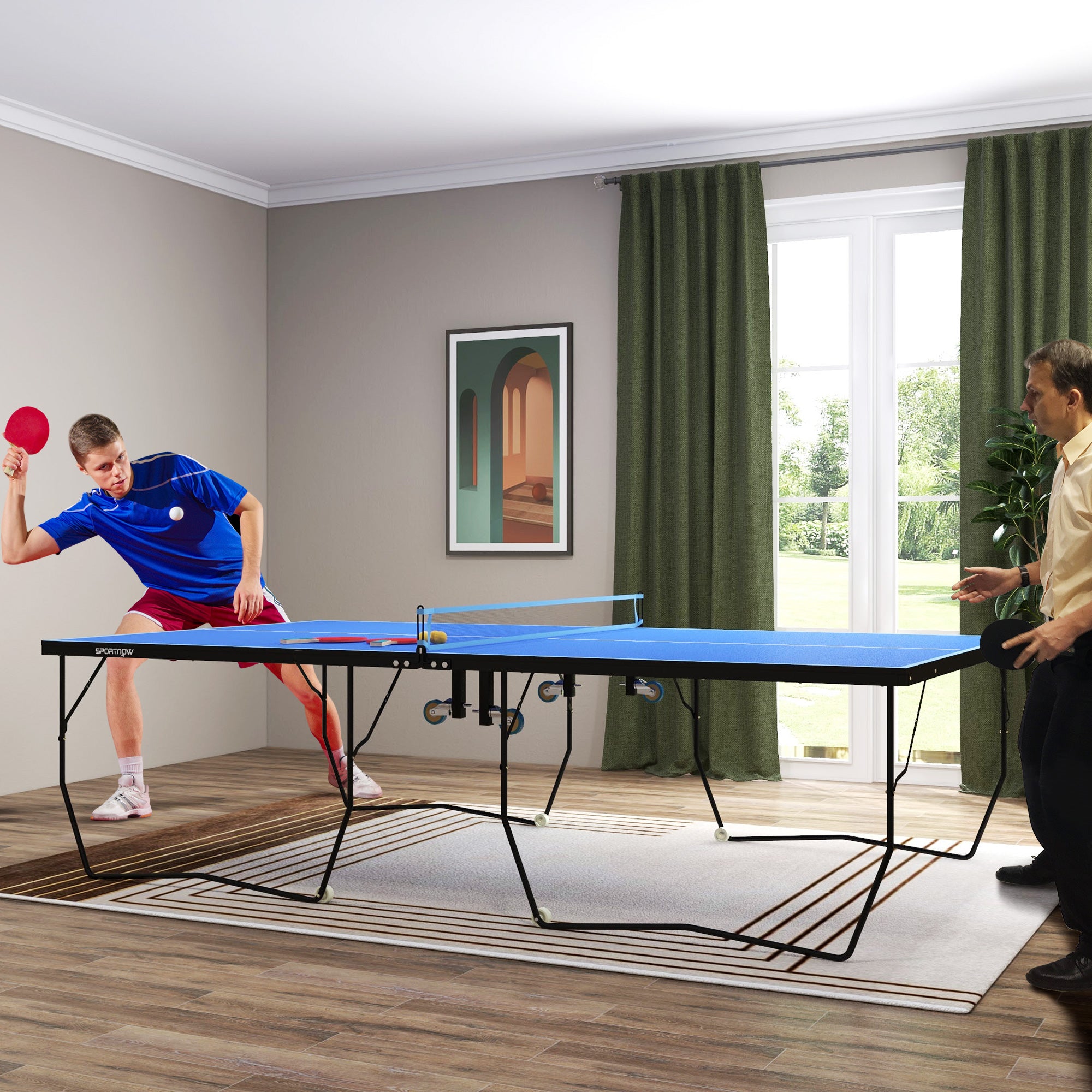 SPORTNOW 9FT Folding Tennis Table, with 8 Wheels, for Indoor Use, Blue - anydaydirect