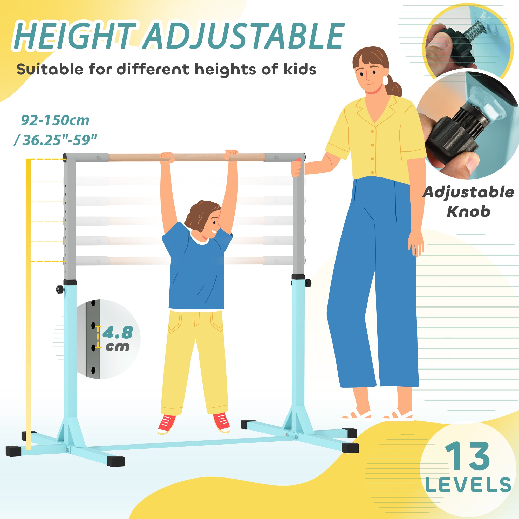 HOMCOM Height Adjustable Gymnastics Horizontal Bar for Kids, Children Junior Kip High Bar Fitness, Light Blue - anydaydirect