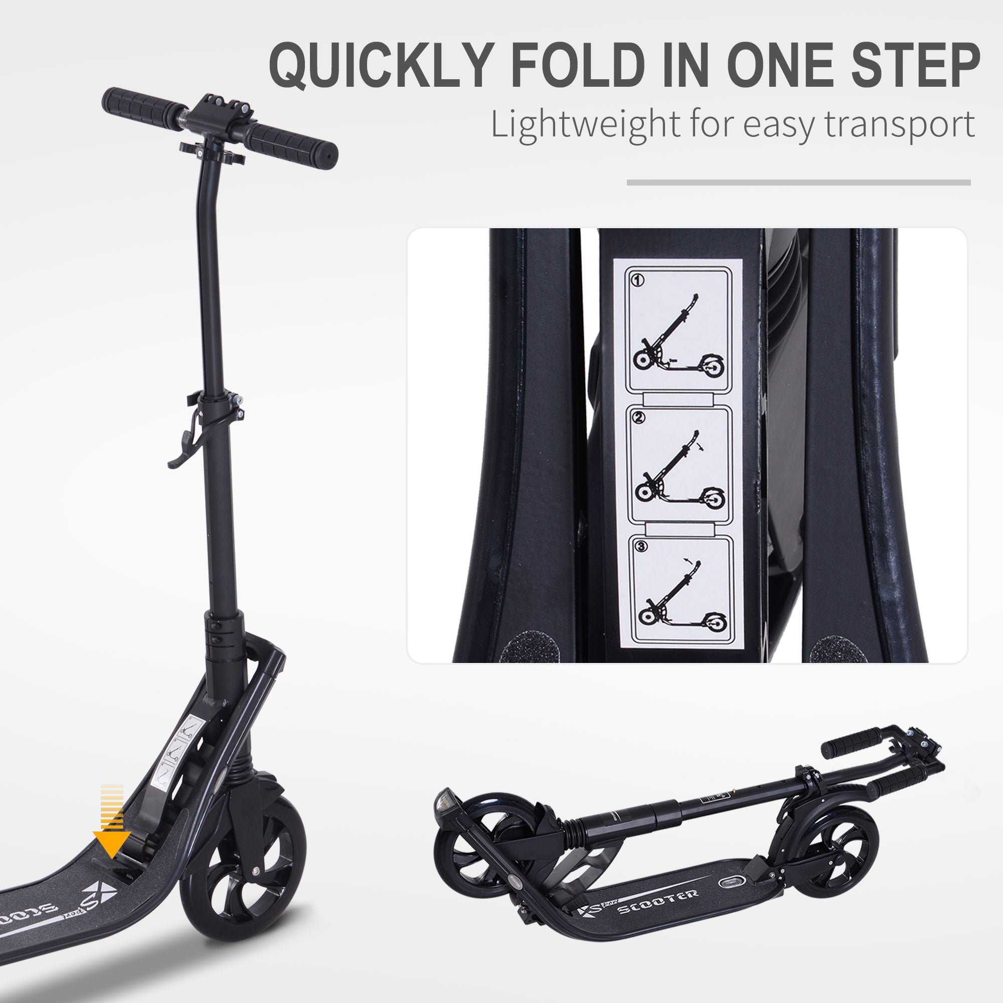 HOMCOM Folding Kick Scooter Hight-Adjustable Urban Scooter w/ Rear Brake, Double Shock Absorption System & 2 Big Wheels, For 14+ Teens Adult, Black - anydaydirect