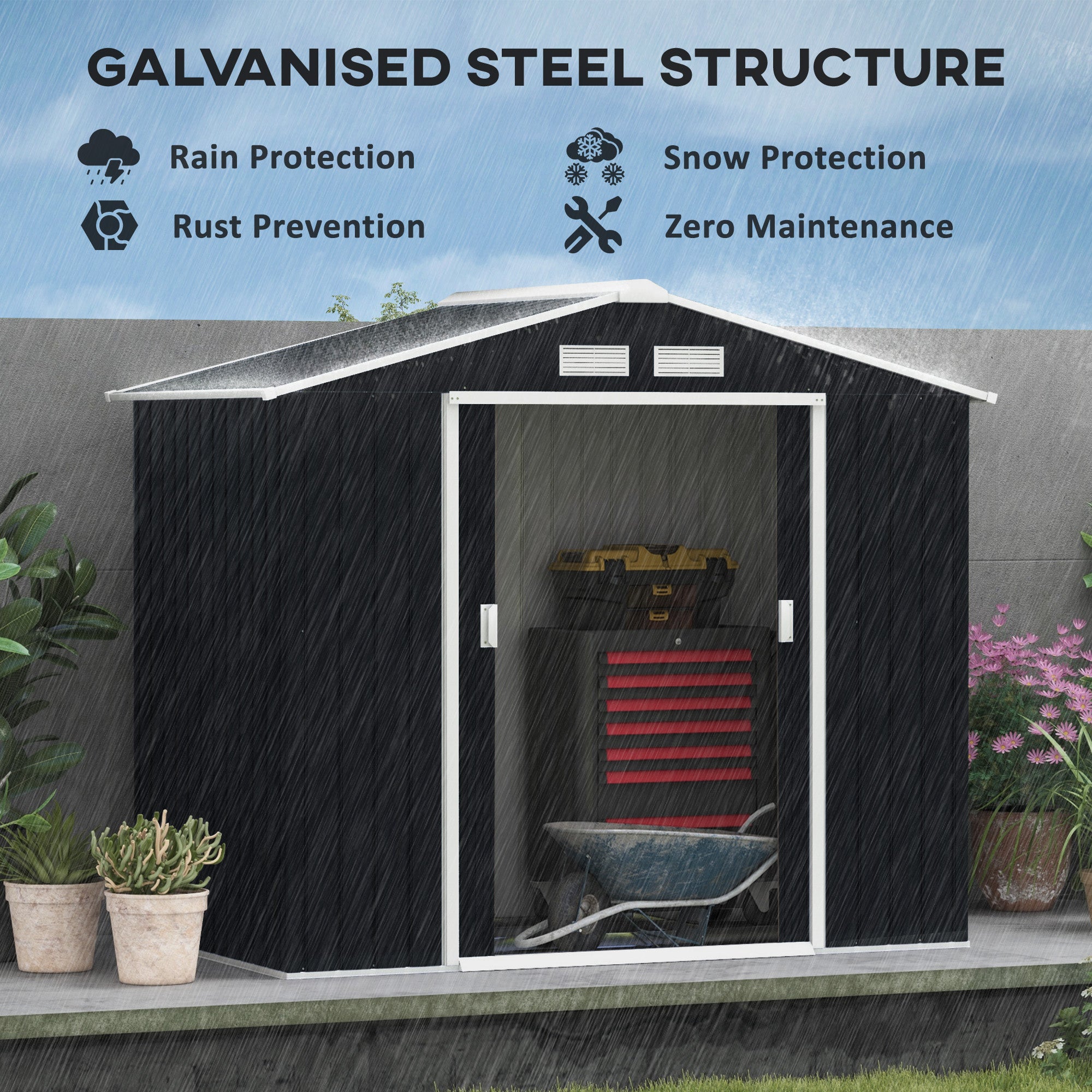 Outsunny Lockable Garden Shed Large Patio Roofed Tool Metal Storage Building Foundation Sheds Box Outdoor Furniture, 7ft x 4ft, Dark Grey - anydaydirect