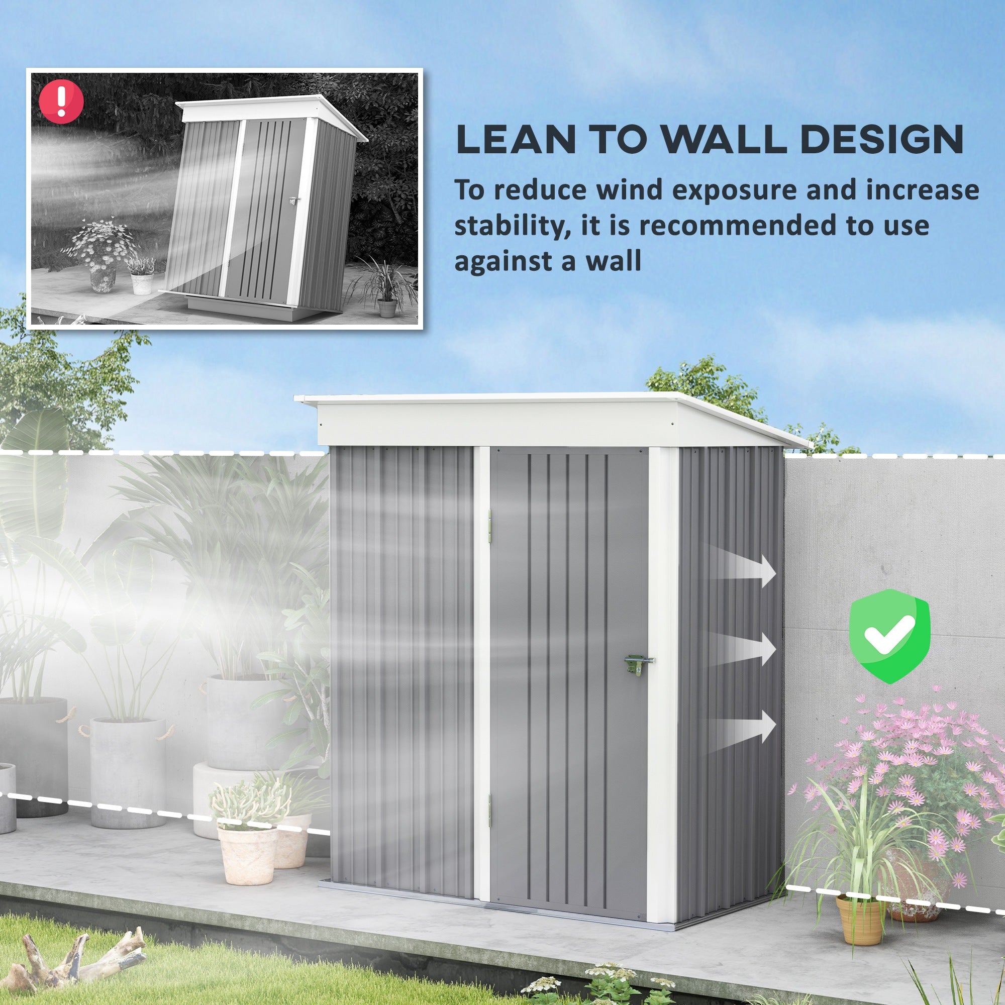 Outsunny Metal Garden Shed, Outdoor Lean-to Shed for Tool Motor Bike, with Adjustable Shelf, Lock, Gloves, 5'x3'x6', Grey - anydaydirect