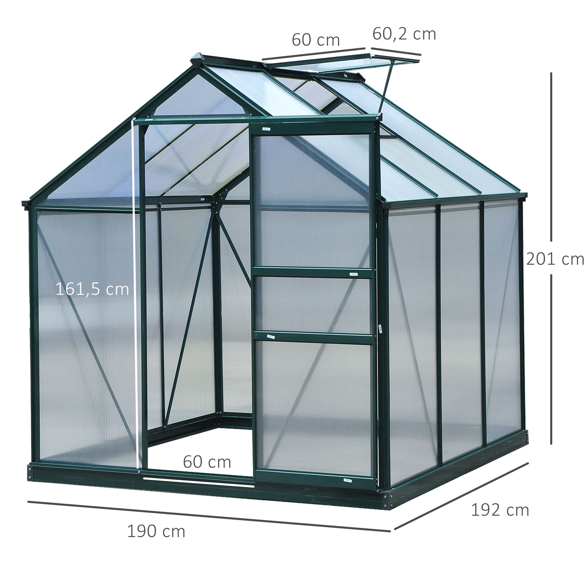 Outsunny 6 x 6ft Polycarbonate Greenhouse, Large Walk-In Green House with Slide Door and Window, Garden Plants Grow House with Aluminium Frame and Foundation, Dark Green - anydaydirect