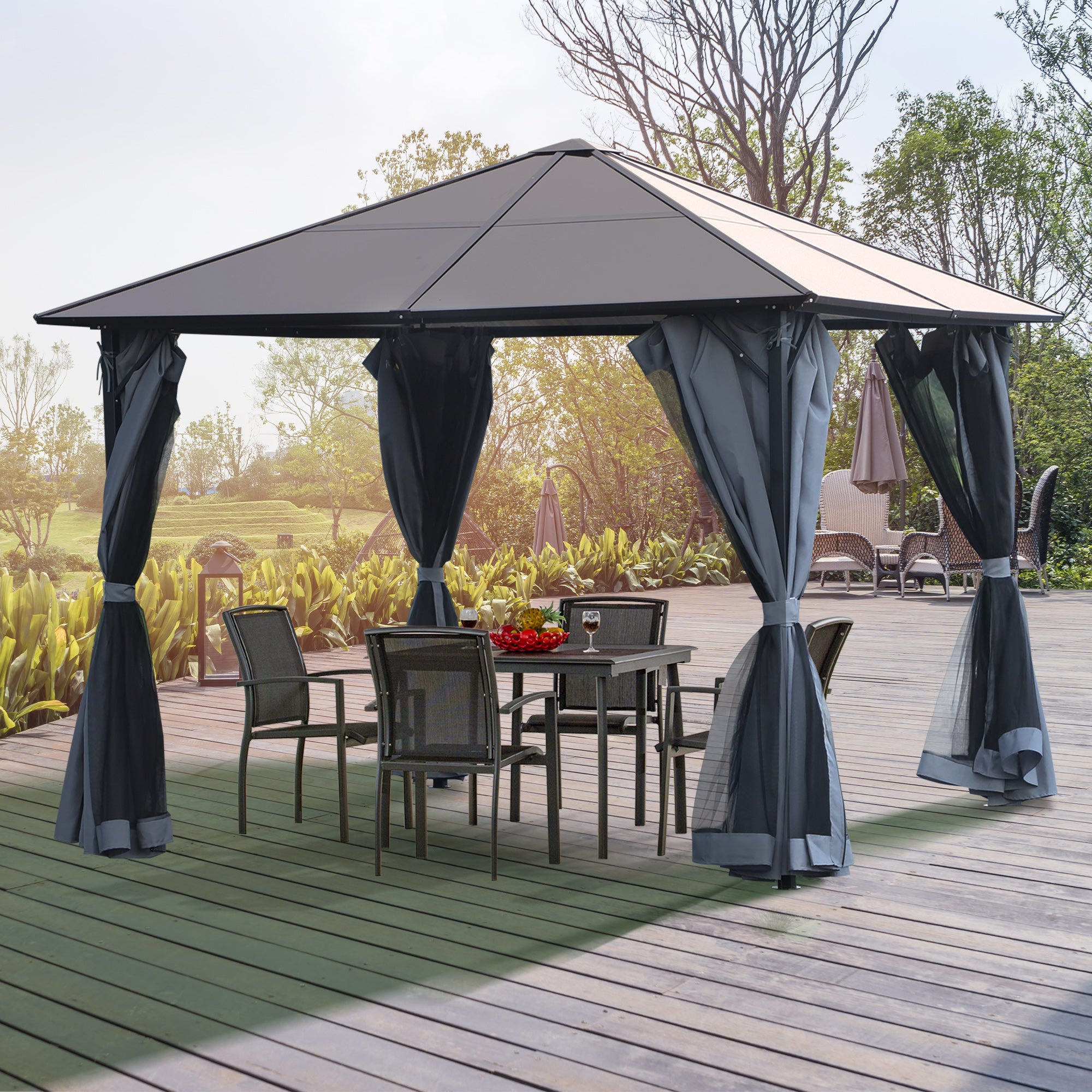 Outsunny 3m x 3m Hardtop Metal Frame Mesh Draped Gazebo Black - anydaydirect