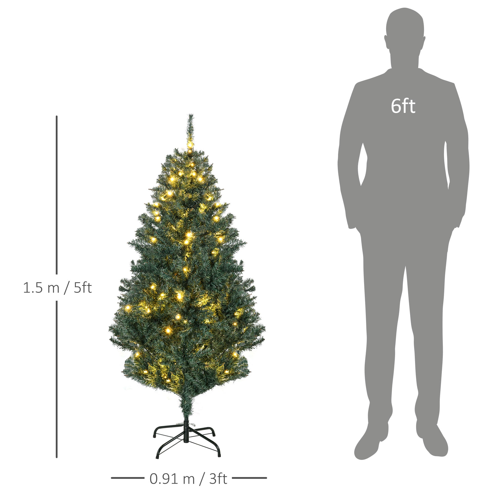 HOMCOM 5' Artificial Prelit Christmas Trees Holiday Décor with Warm White LED Lights, Decoration, Banner, Tag, Ball - anydaydirect