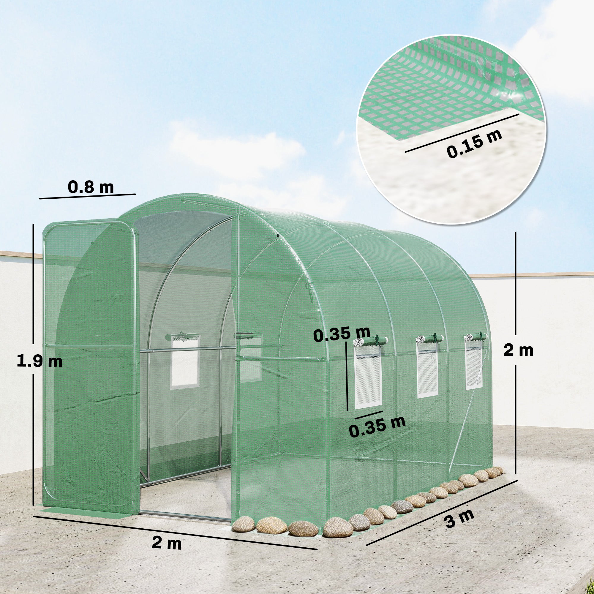 Outsunny 2 x 3 m Walk-in Polytunnel Greenhouse with Hinged Door and 6 Roll Up Mesh Windows, Garden Tunnel Warm House Tent, Green - anydaydirect