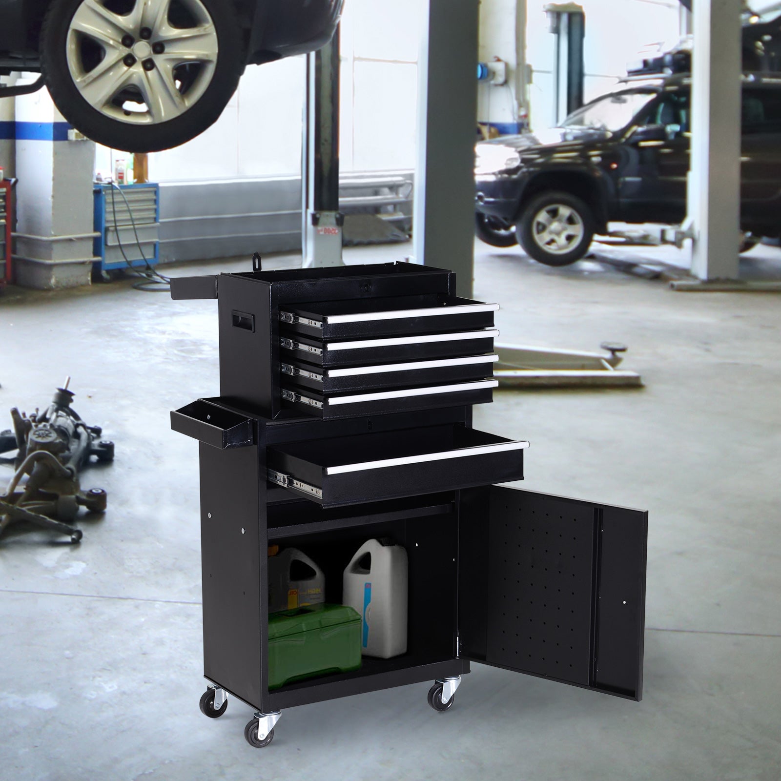 DURHAND Tool Chest 2 in 1 Metal Tool Cabinet Storage Box with 5 Drawers Pegboard Wheels 60x28x104.5cm Black - anydaydirect