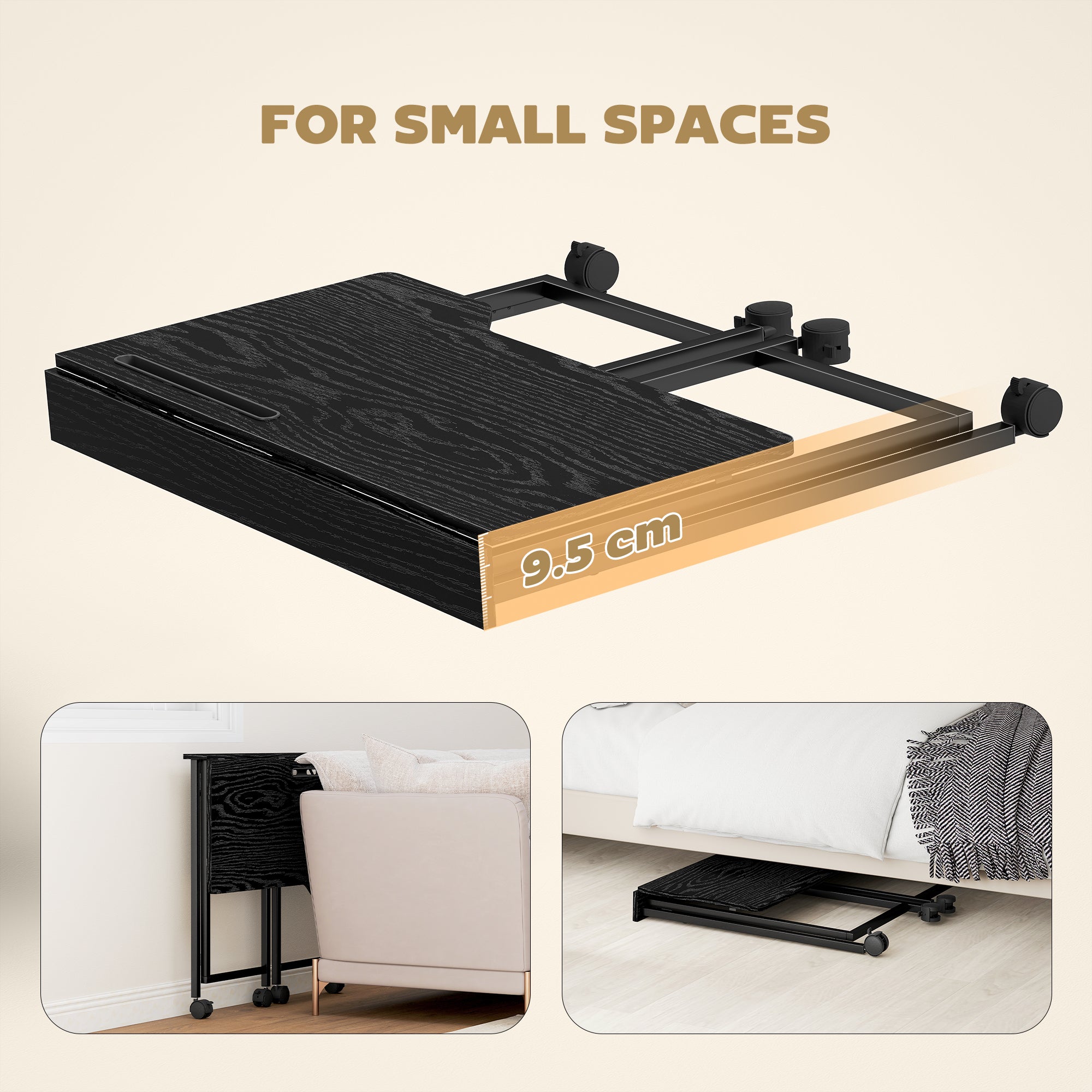HOMCOM Folding Small Desk on Wheels - Black Wood Effect - anydaydirect