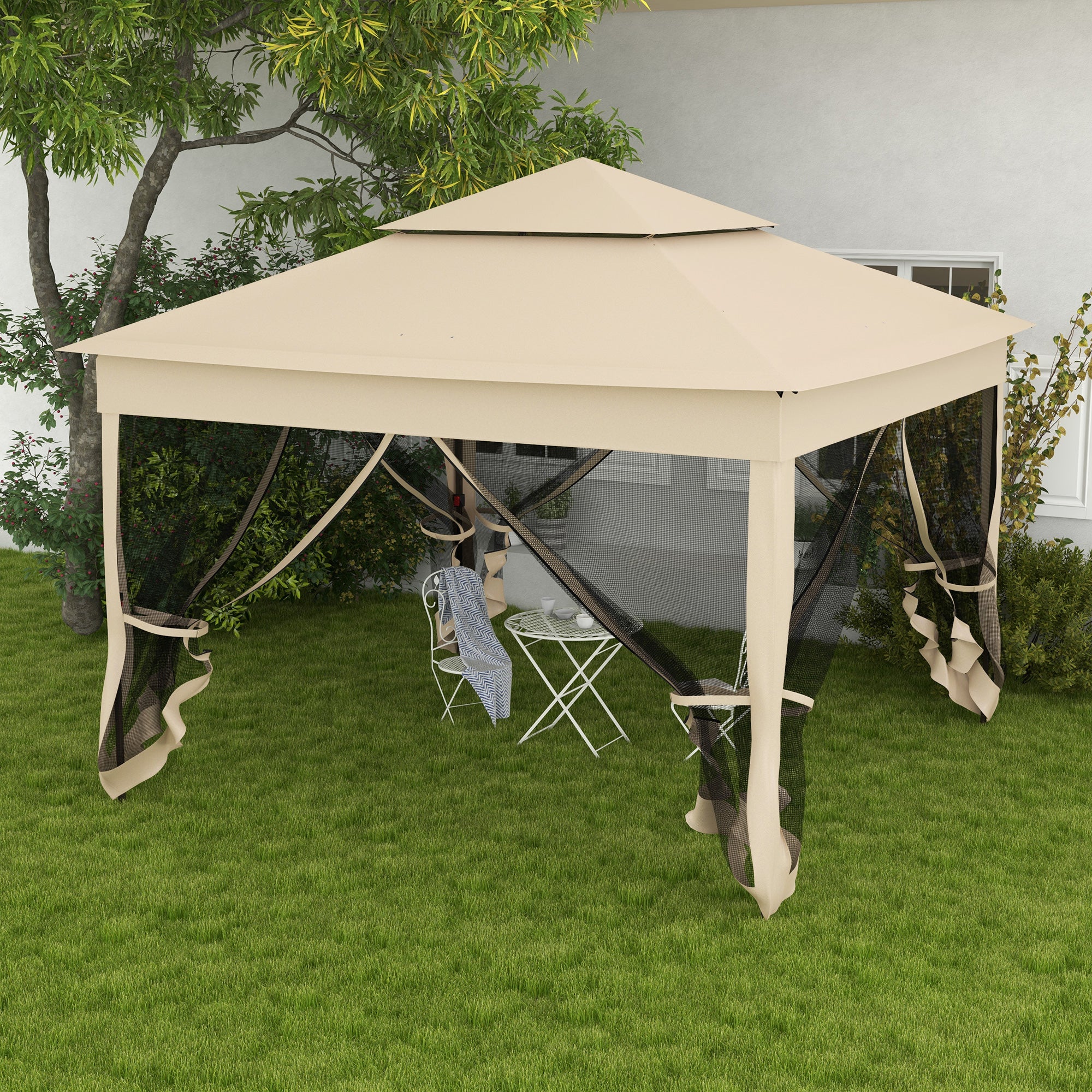 Outsunny 3 x 3(m) Pop Up Gazebo, Double-roof Garden Tent with Netting and Carry Bag, Party Event Shelter for Outdoor Patio, Cream White - anydaydirect