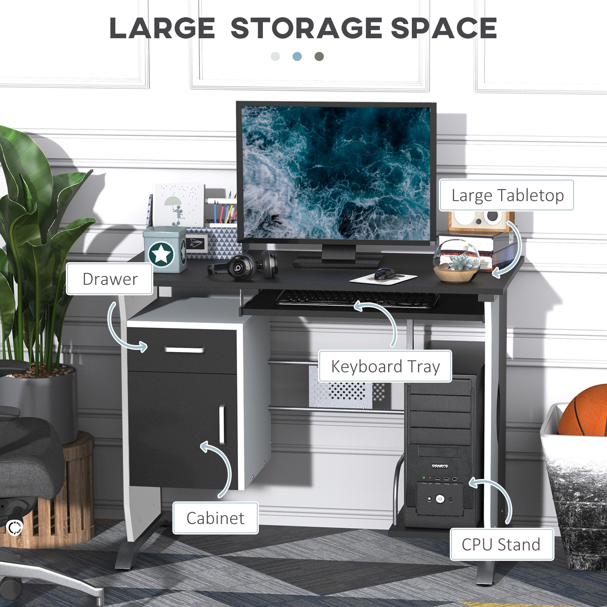 HOMCOM Computer Desk with Sliding Keyboard Tray, Storage Drawers and Host Box Shelf, Home Office Desk, Study Workstation, 100 x 52 x 75cm, Black - anydaydirect