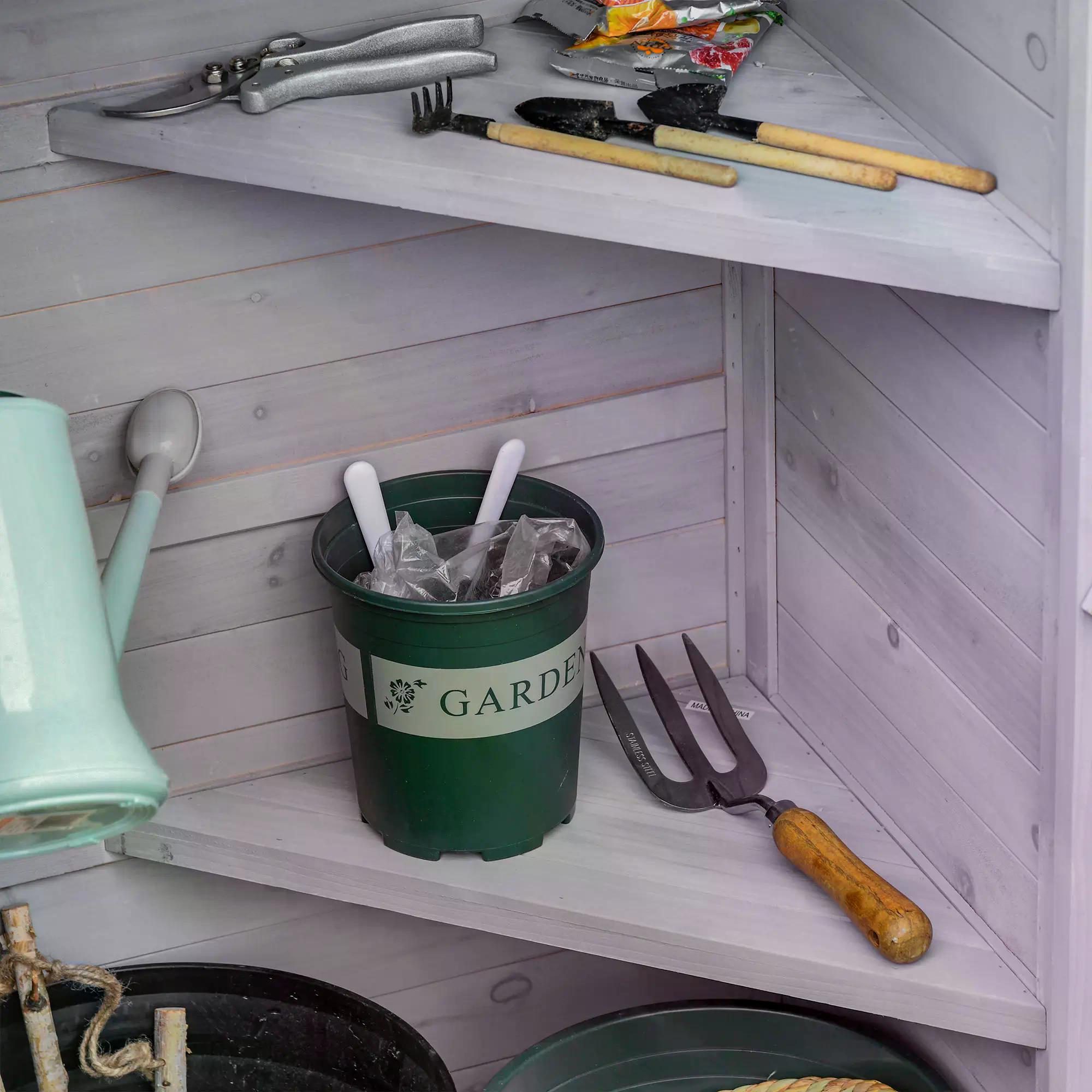 Outsunny Wooden Garden Cabinet 3-Tier Storage Shed 2 Shelves Lockable Organizer with Hooks Foot Pad 74 x 55 x 155cm Light Grey - anydaydirect