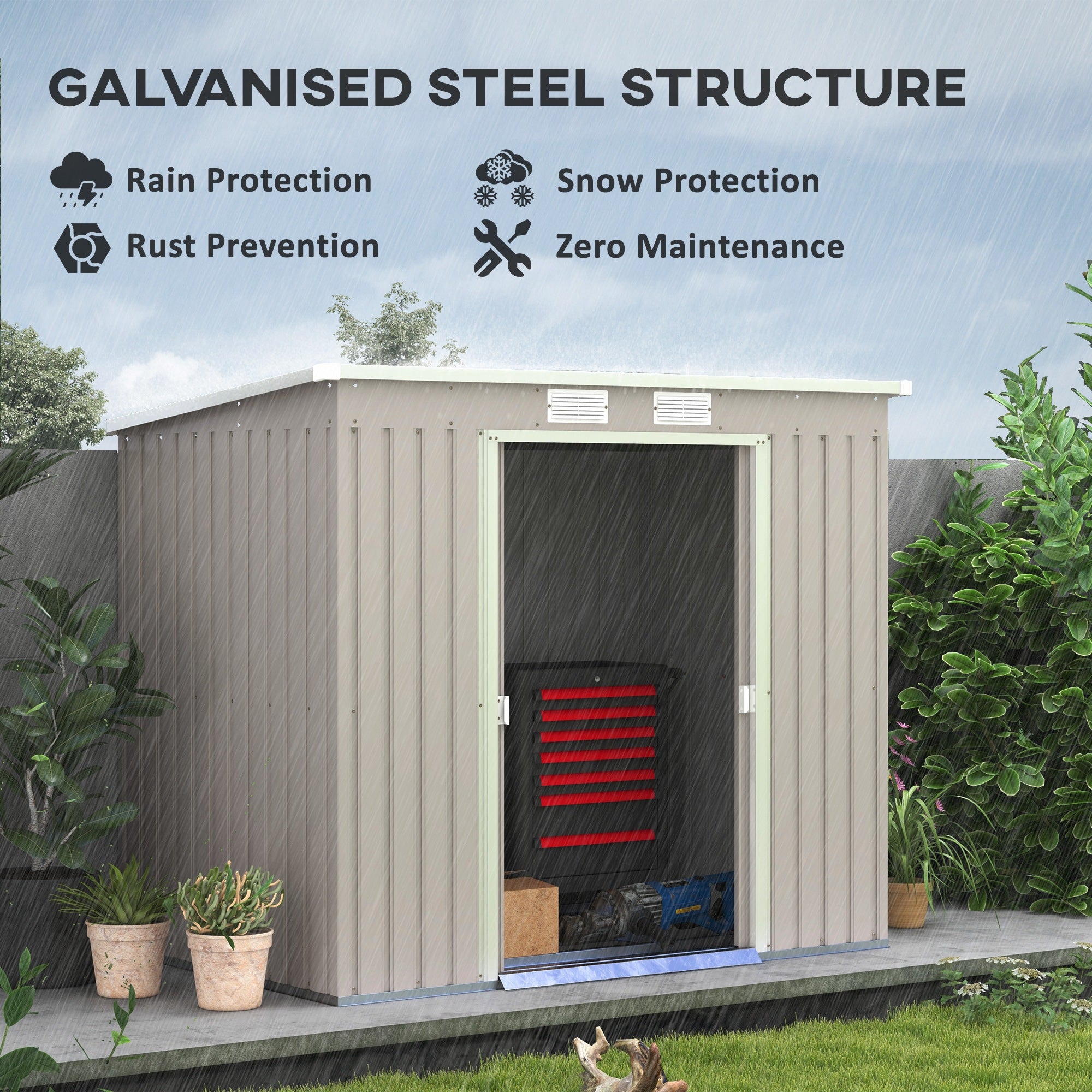 Outsunny Outdoor Garden Metal Equipment Tool Storage Shed w/ Foundation, Double Door, Vents and Sloped Roof, Grey - anydaydirect
