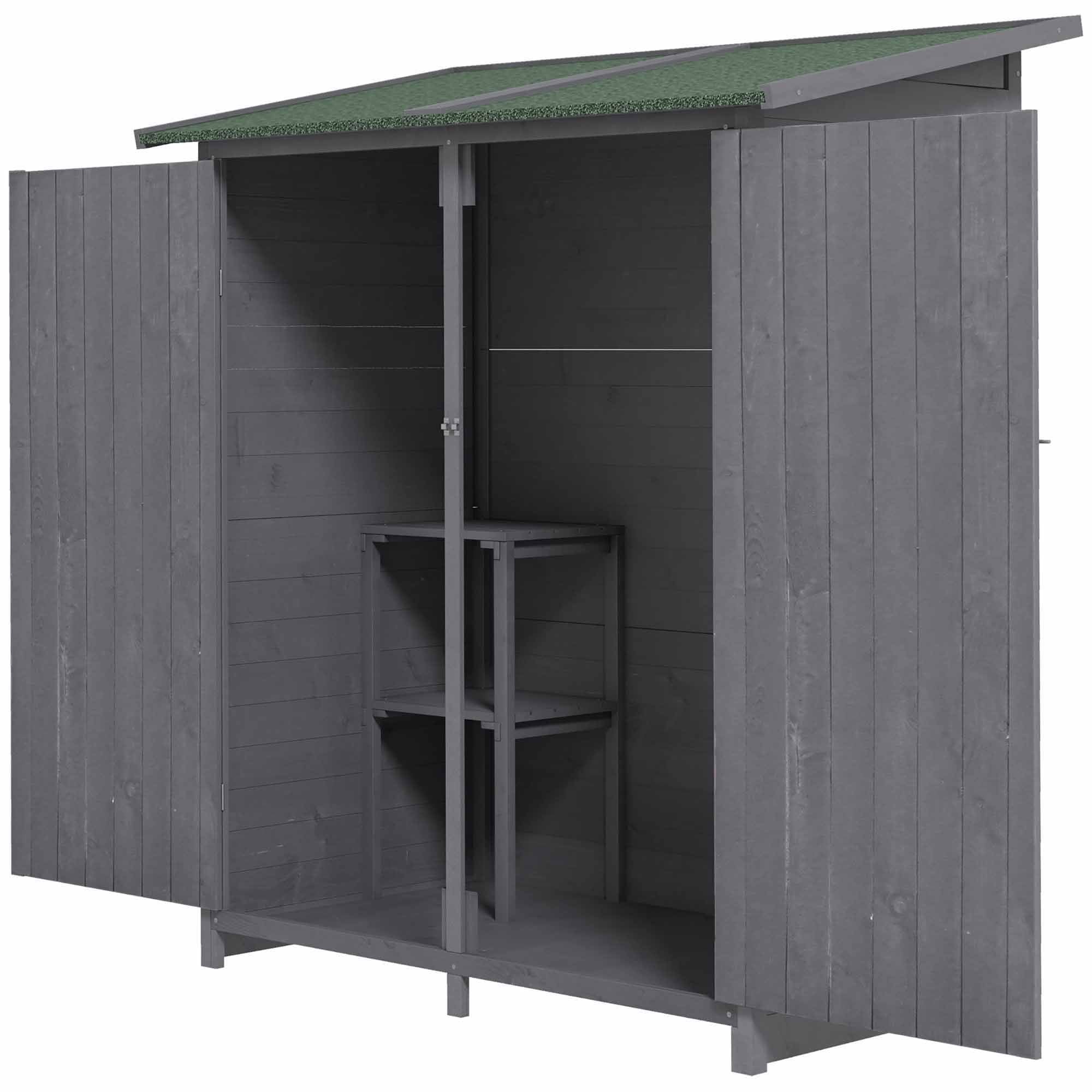 Outsunny Wooden Garden Storage Shed Lockable Tool Cabinet Organizer w/ Storage Table, Double Door, 139 x 75 x 160 cm, Grey - anydaydirect