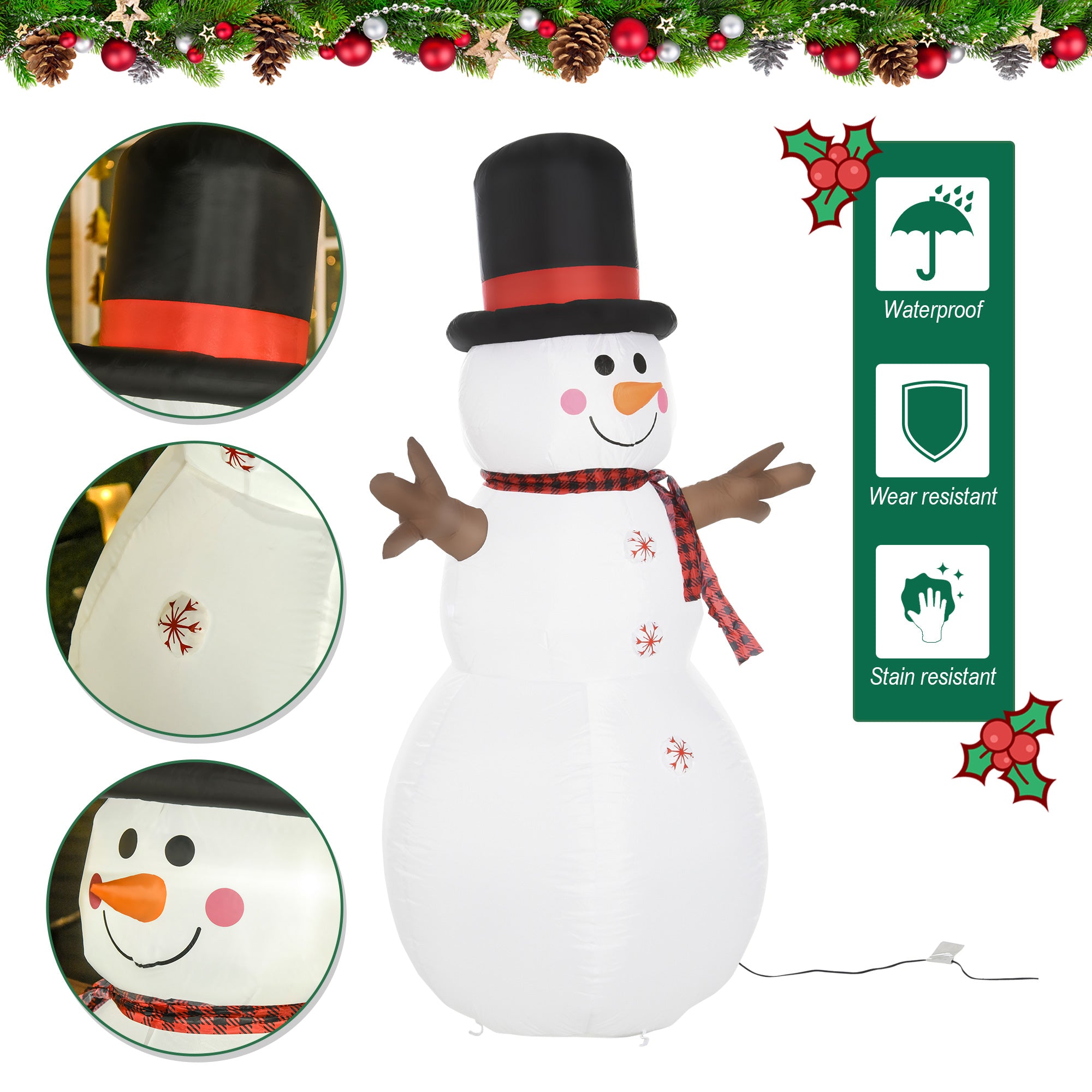 HOMCOM 6ft/1.82m Tall Giant Outdoor Indoor Inflatable Snowman Christmas Decoration for Lawn with Hat Scarf LED Lights - anydaydirect