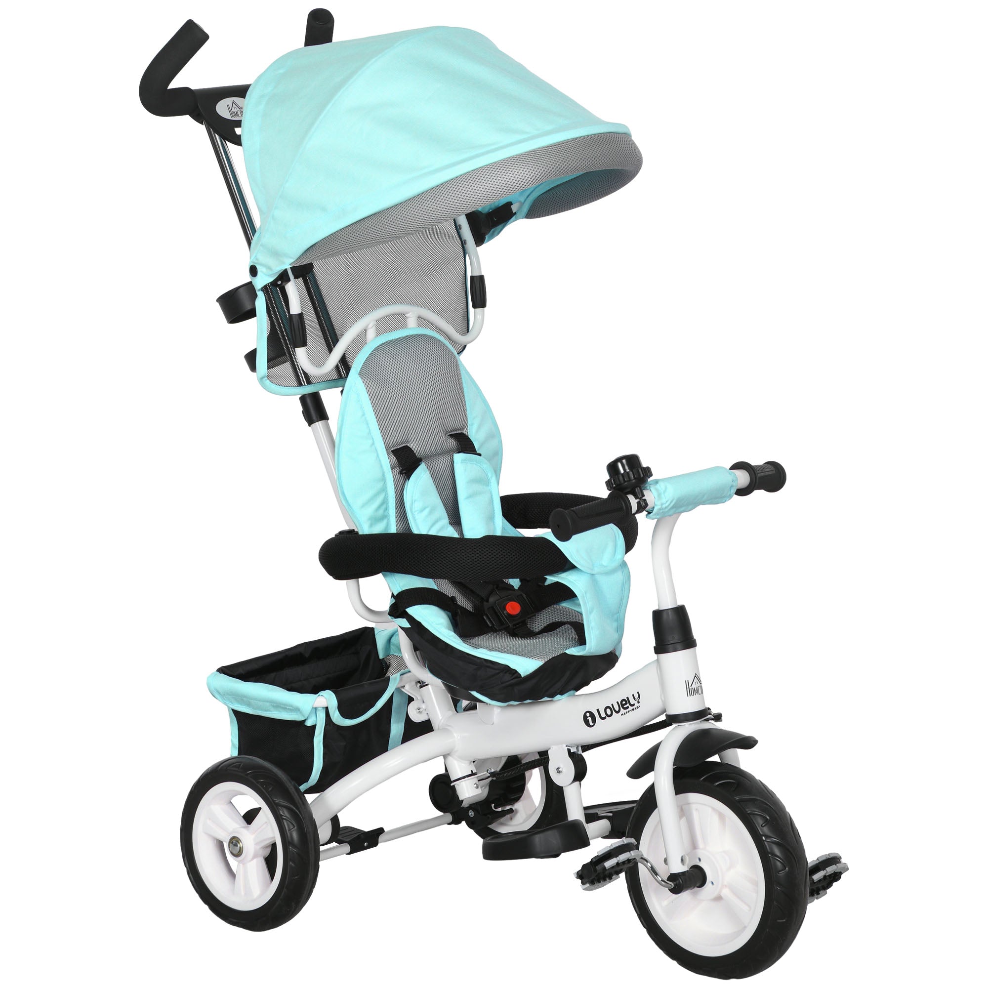 HOMCOM 6 in 1 Kids Trike Push Bike w/ Push Handle, Canopy, 5-point Safety Belt, Storage, Footrest, Brake, for 1-5 Years, Green - anydaydirect