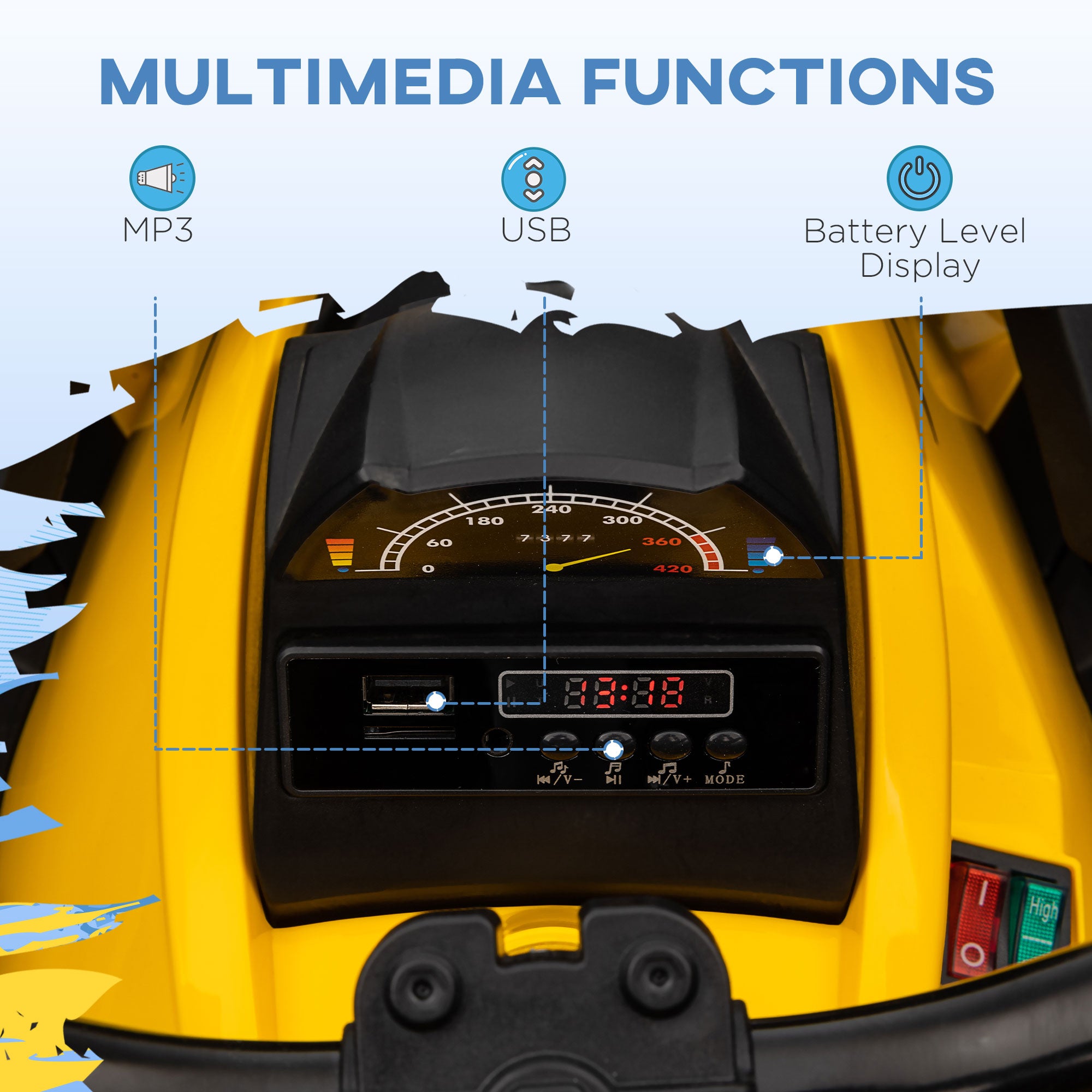 HOMCOM 12V Quad Bike ATV with LED Lights, Music, Backrest, Forward, Backward, Yellow - anydaydirect