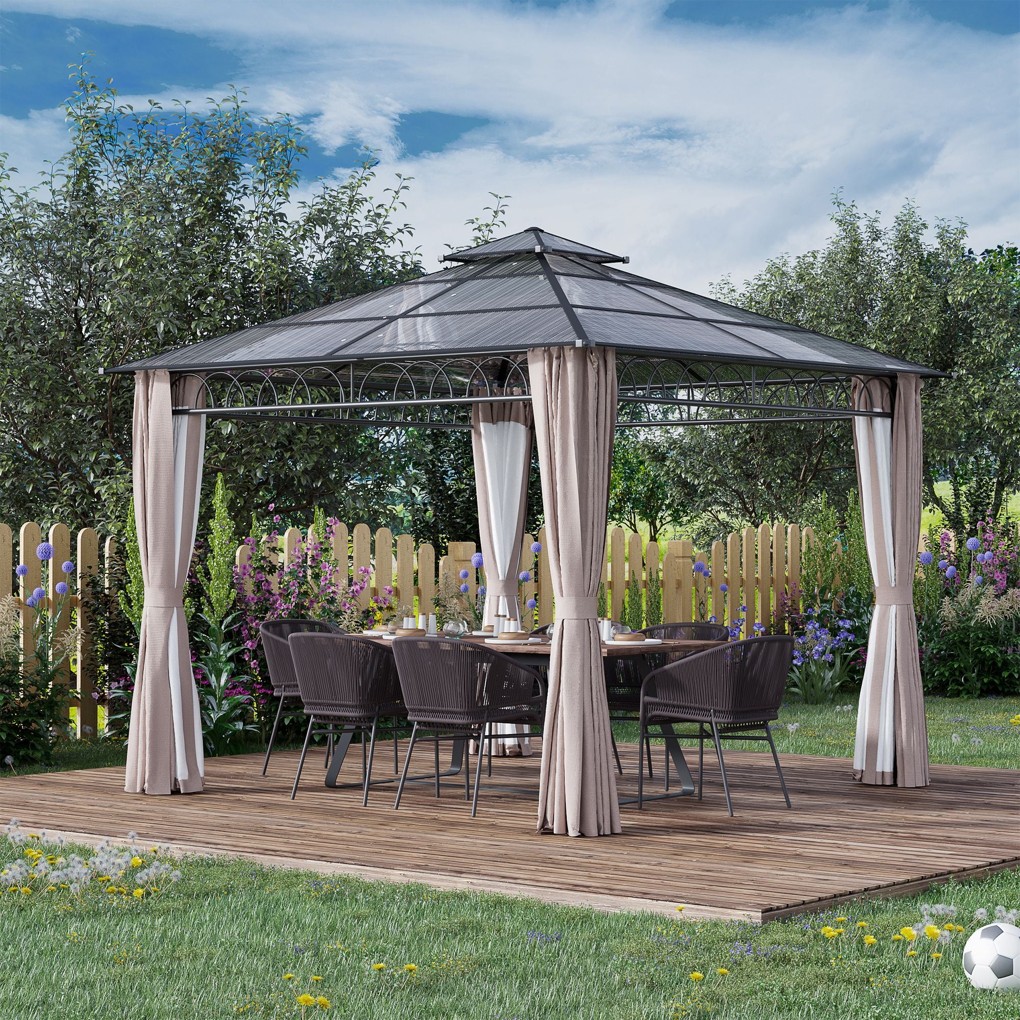 Outsunny 3 x 3 (m) Outdoor Polycarbonate Gazebo, Double Roof Hard Top Gazebo with Galvanised Steel Frame, Nettings & Curtains for Garden, Lawn, Patio and Deck, Khaki - anydaydirect