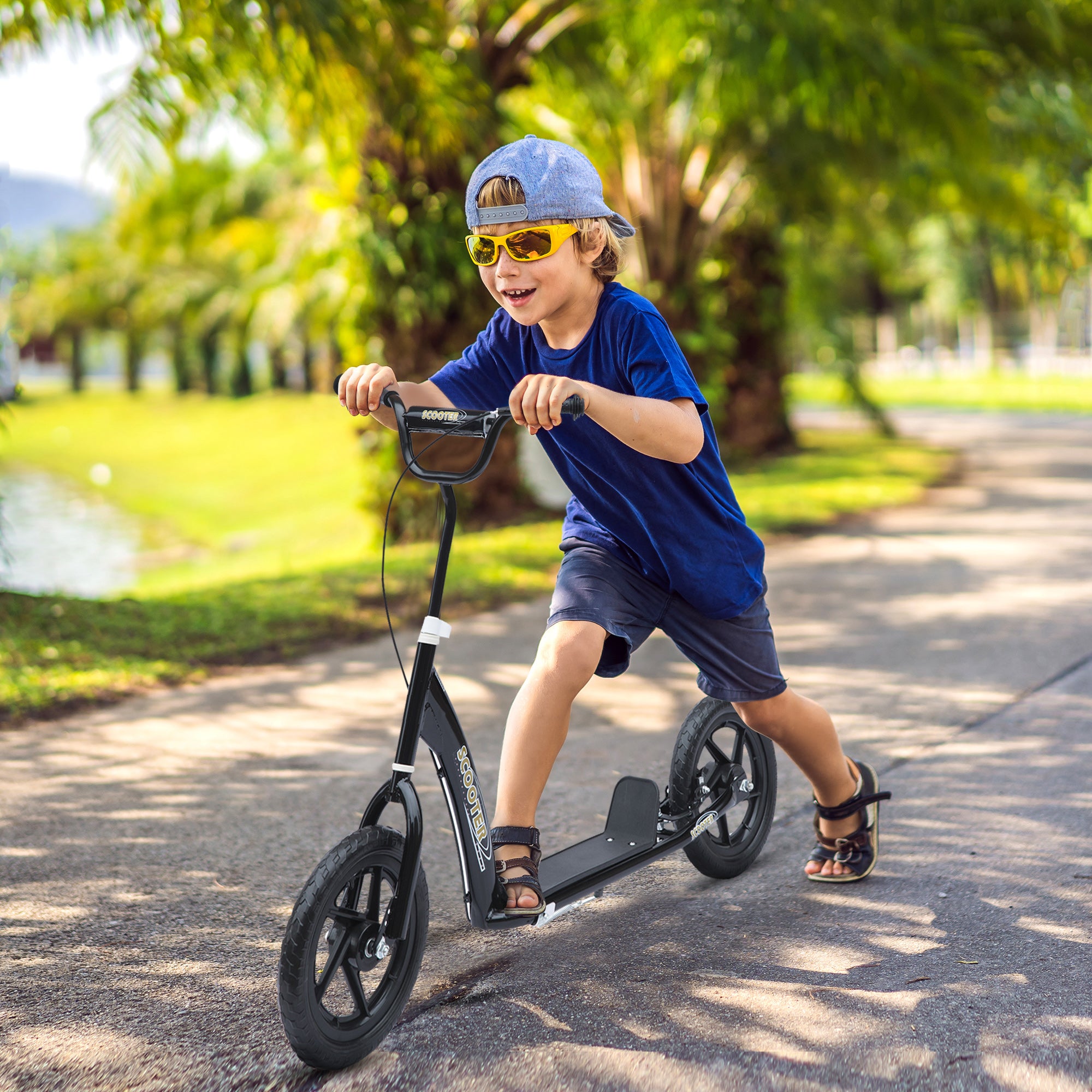 HOMCOM Teen Push Scooter Kids Children Stunt Scooter Bike Bicycle Ride On 12" EVA Tyres, Black - anydaydirect
