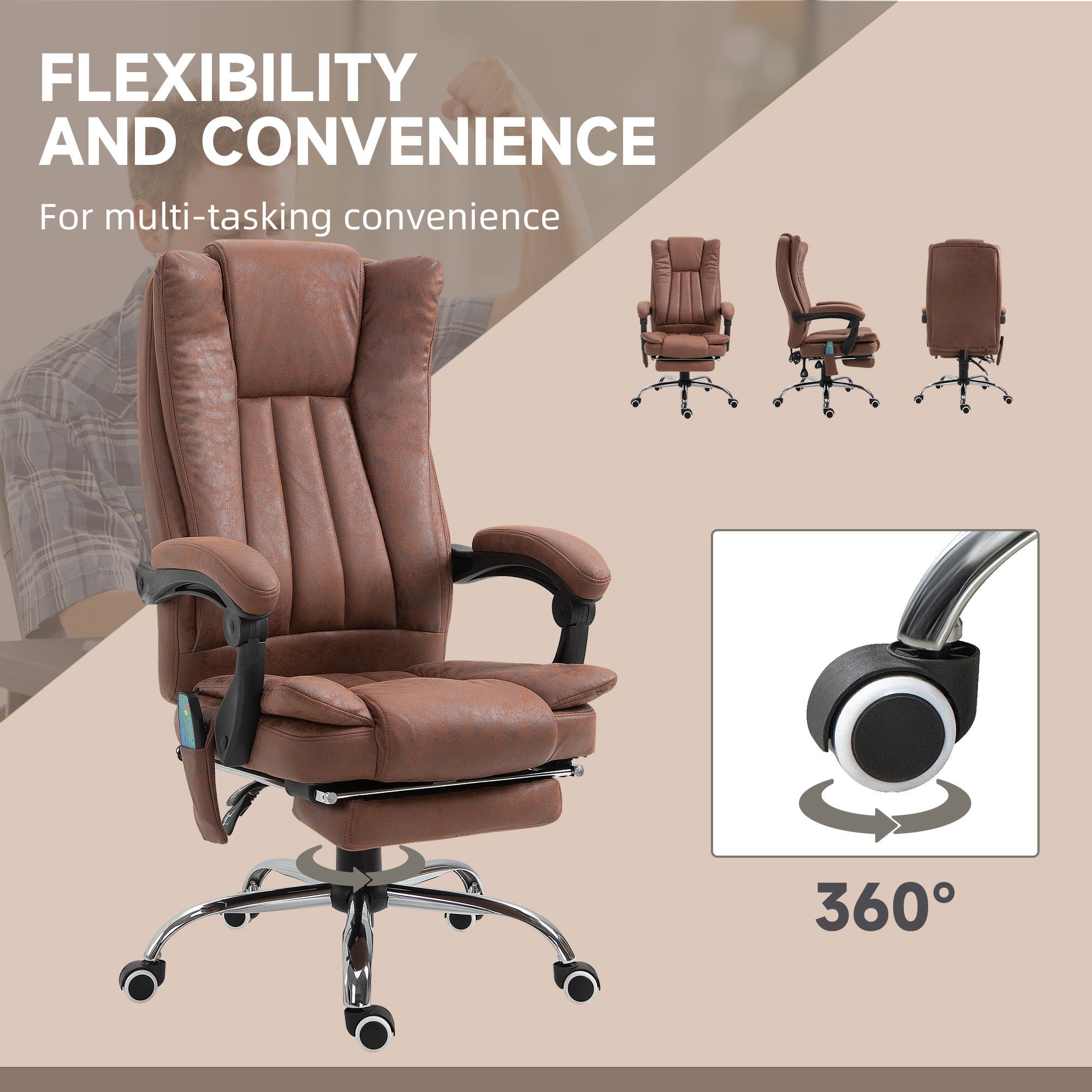 Vinsetto Office Chair with Massage and Heat, Microfibre Reclining Computer Desk Chair with Footrest and Adjustable Height, Swivel Wheels for Home Office, Brown - anydaydirect