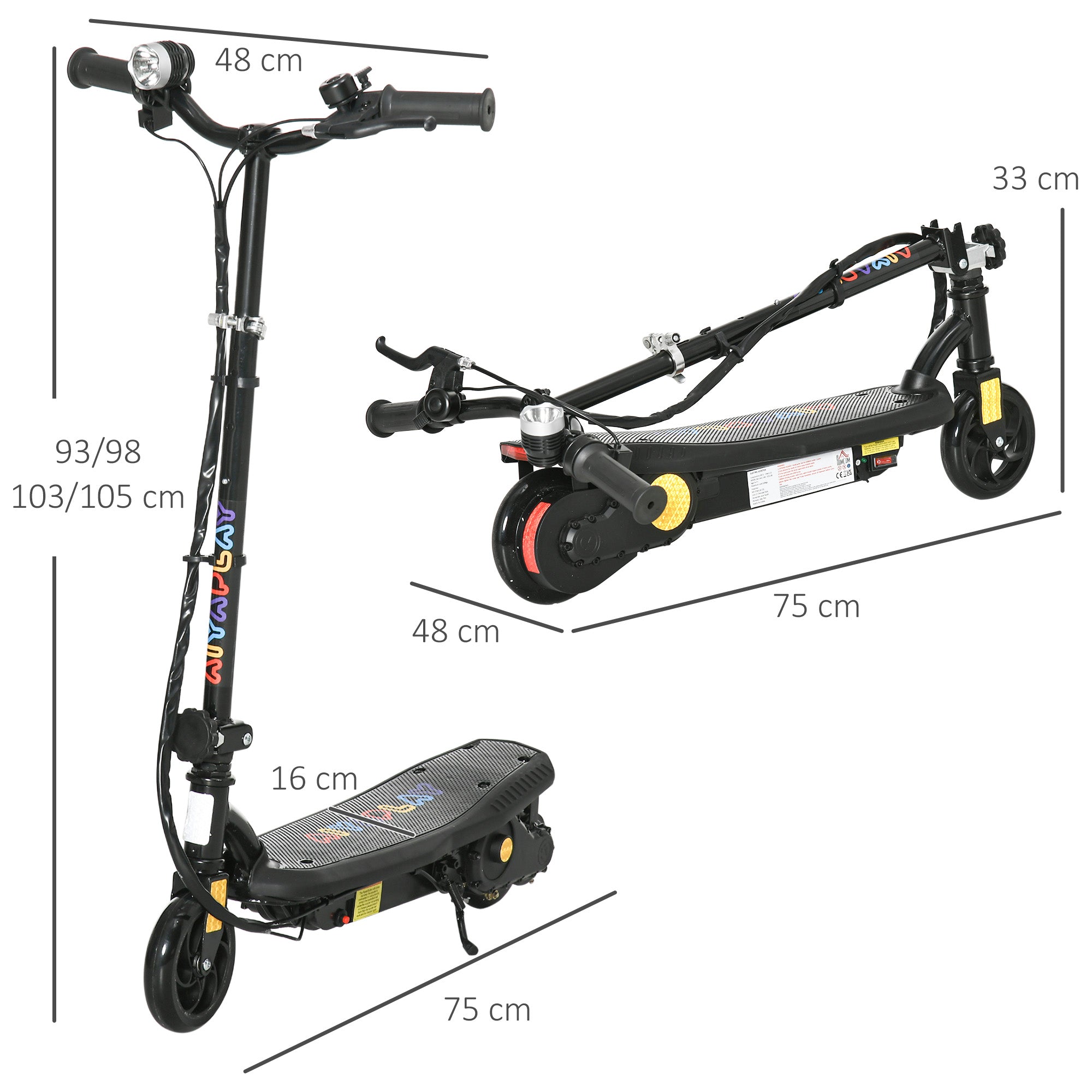 HOMCOM Foldable Electric Scooter, with LED Headlight, for Ages 7-14 Years - Black - anydaydirect