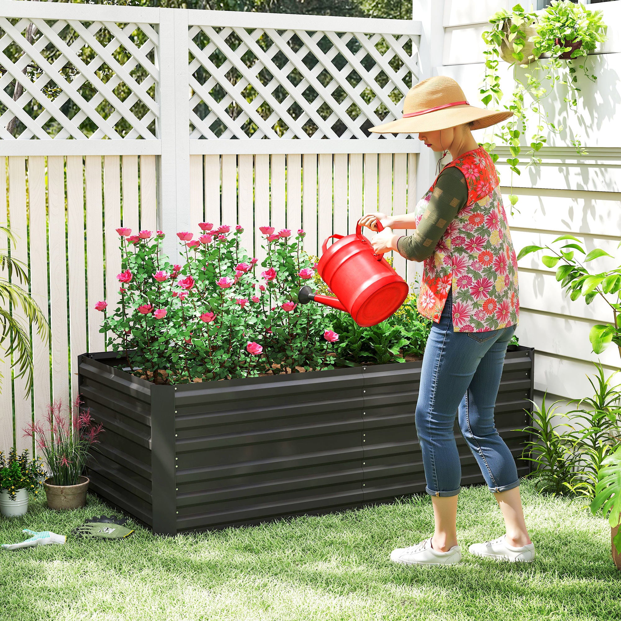 Outsunny Raised Beds for Garden, Galvanised Steel Outdoor Planters with Multi-reinforced Rods, 180 x 90 x 59 cm, Black - anydaydirect