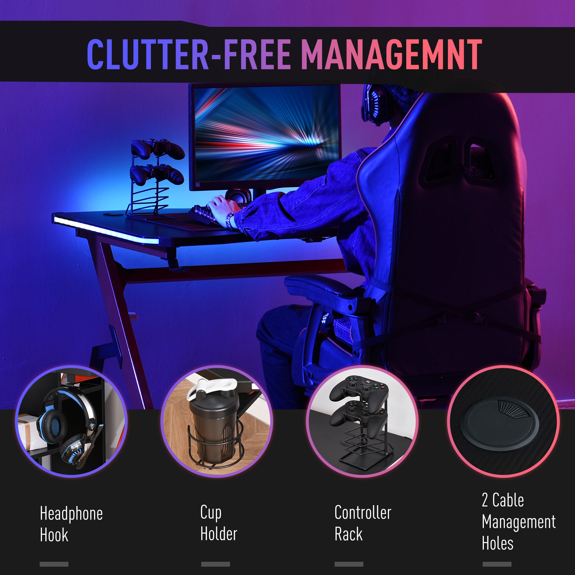 HOMCOM RGB 120 x 66cm Gaming Desk, Computer Table with Carbon Fibre Surface, Headphone Hook, Cup Holder, Controller Rack, Home Office Desk, Black and Red - anydaydirect