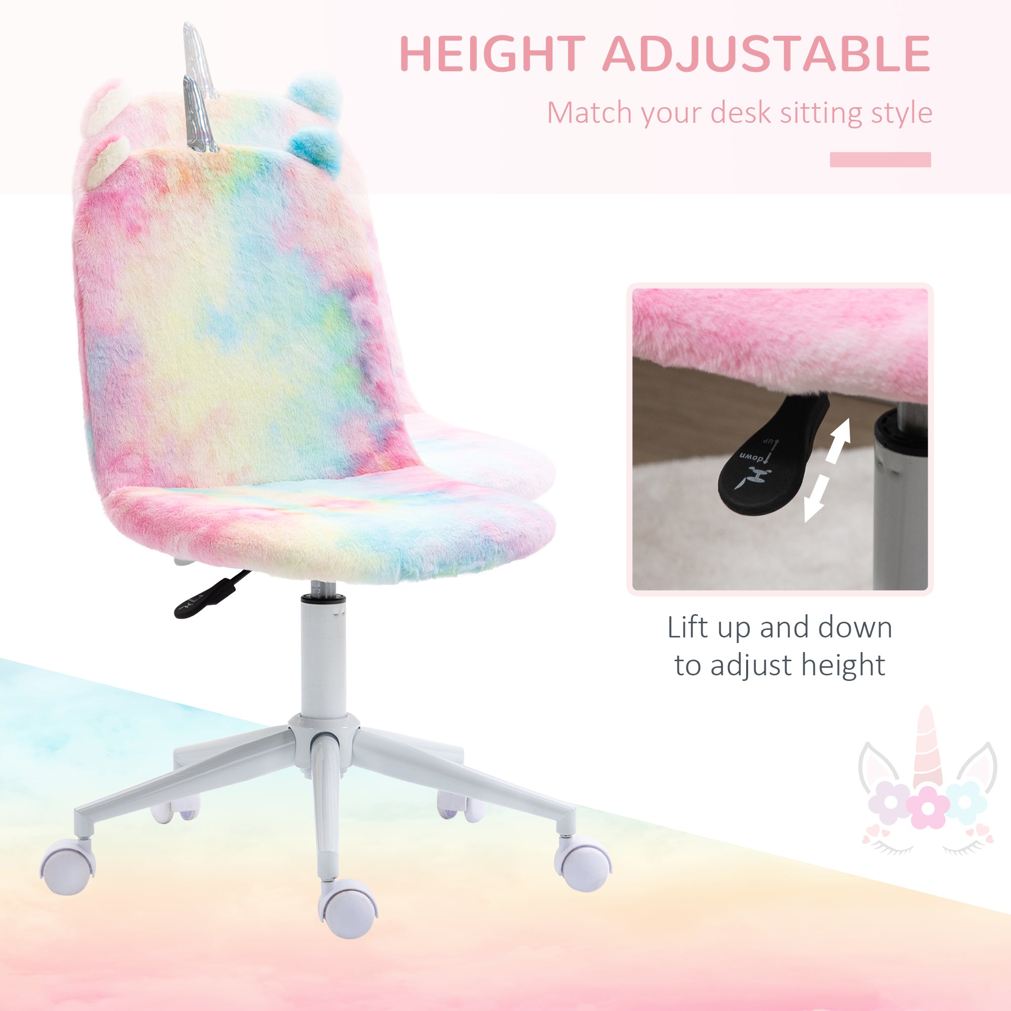 Vinsetto Fluffy Unicorn Office Chair with Mid-Back and Swivel Wheel, Cute Desk Chair, Rainbow Multi-Colored - anydaydirect